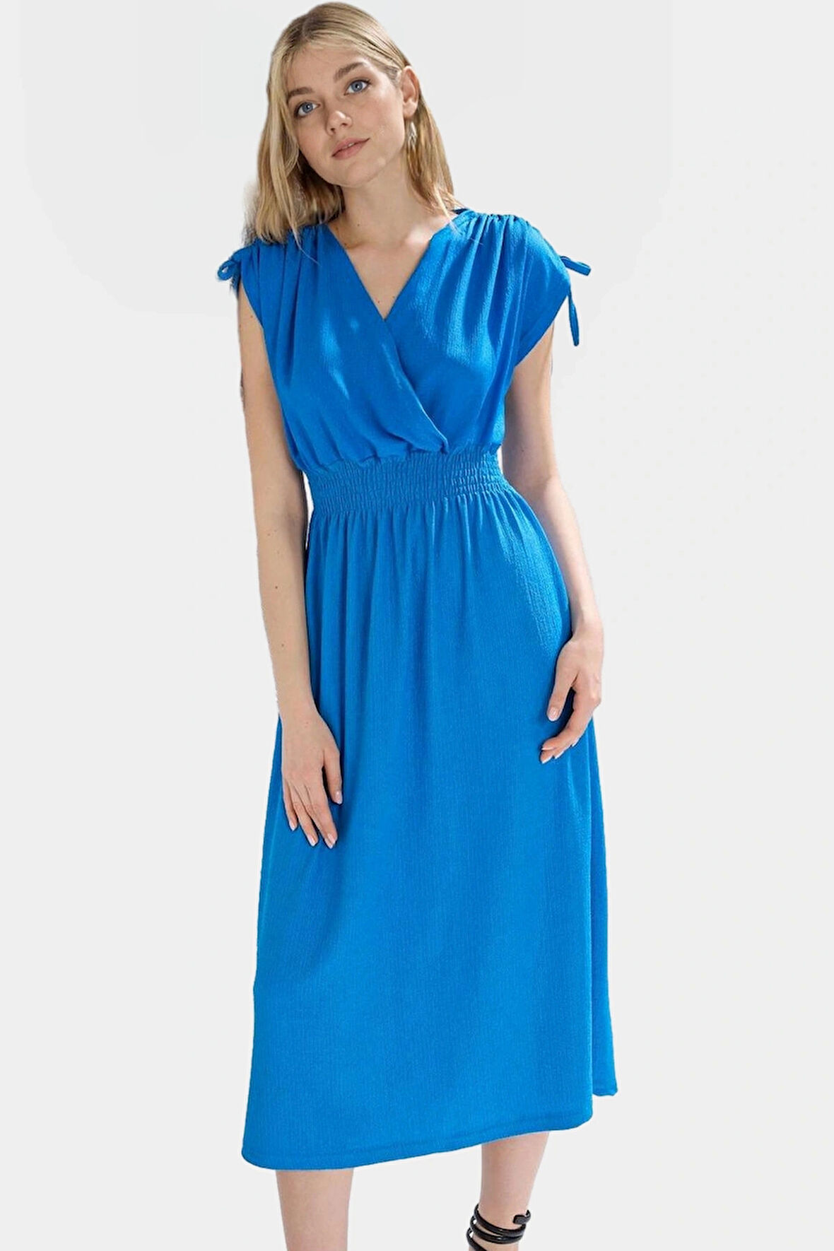 A line Midi Elbise Yazlık Örme Polyester Beli Lastikli Kruvaze Yüksek Kalite