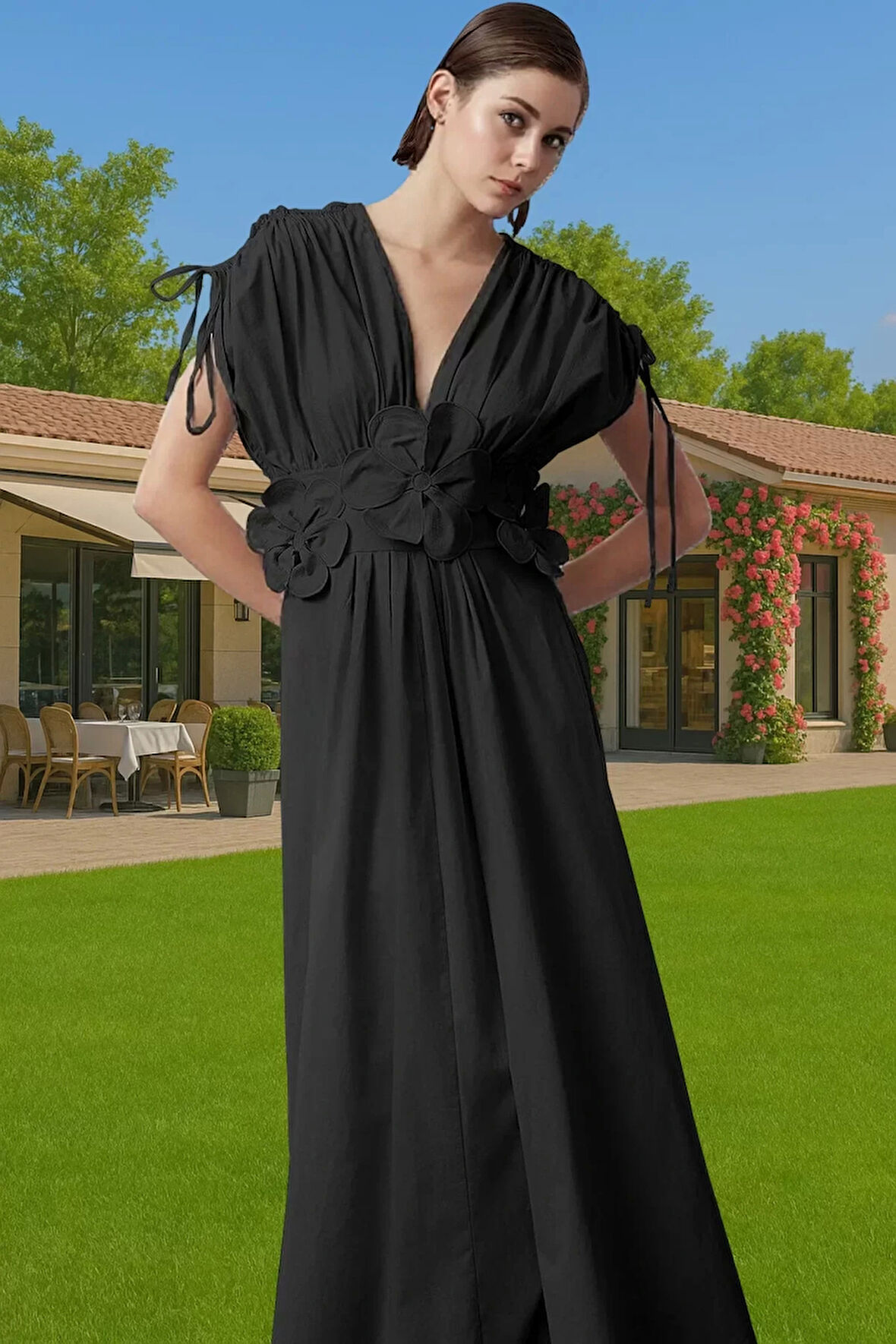 Kadın V Yaka Poplin Abiye Elbise 3B Çiçek Detaylı Skater Kalıp Uzun Ömürlü Modern Stil Yüksek Kalite