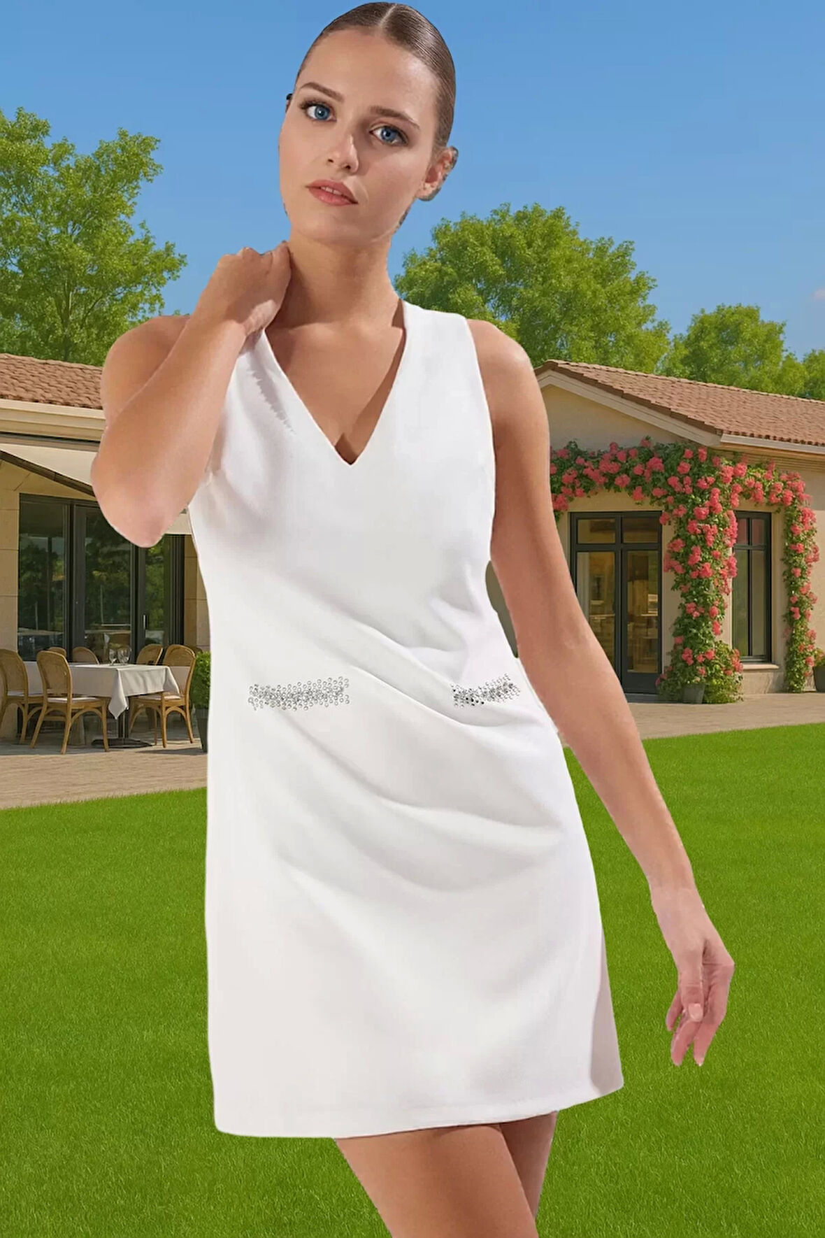 Taş Detaylı Mini Abiye Elbise V Yaka Finike Dokuma Kisa Elbise Premium Kalite Özenle Seçilmiş