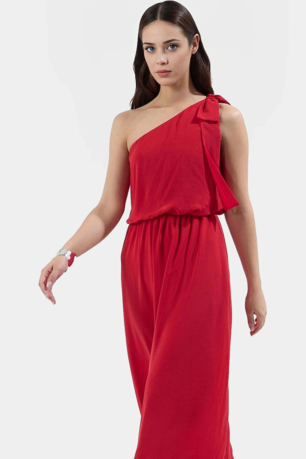 Tek Omuzlu Şifon Maxi Elbise  Polyester Skater Şık Görünüm Kaliteli İşçilik