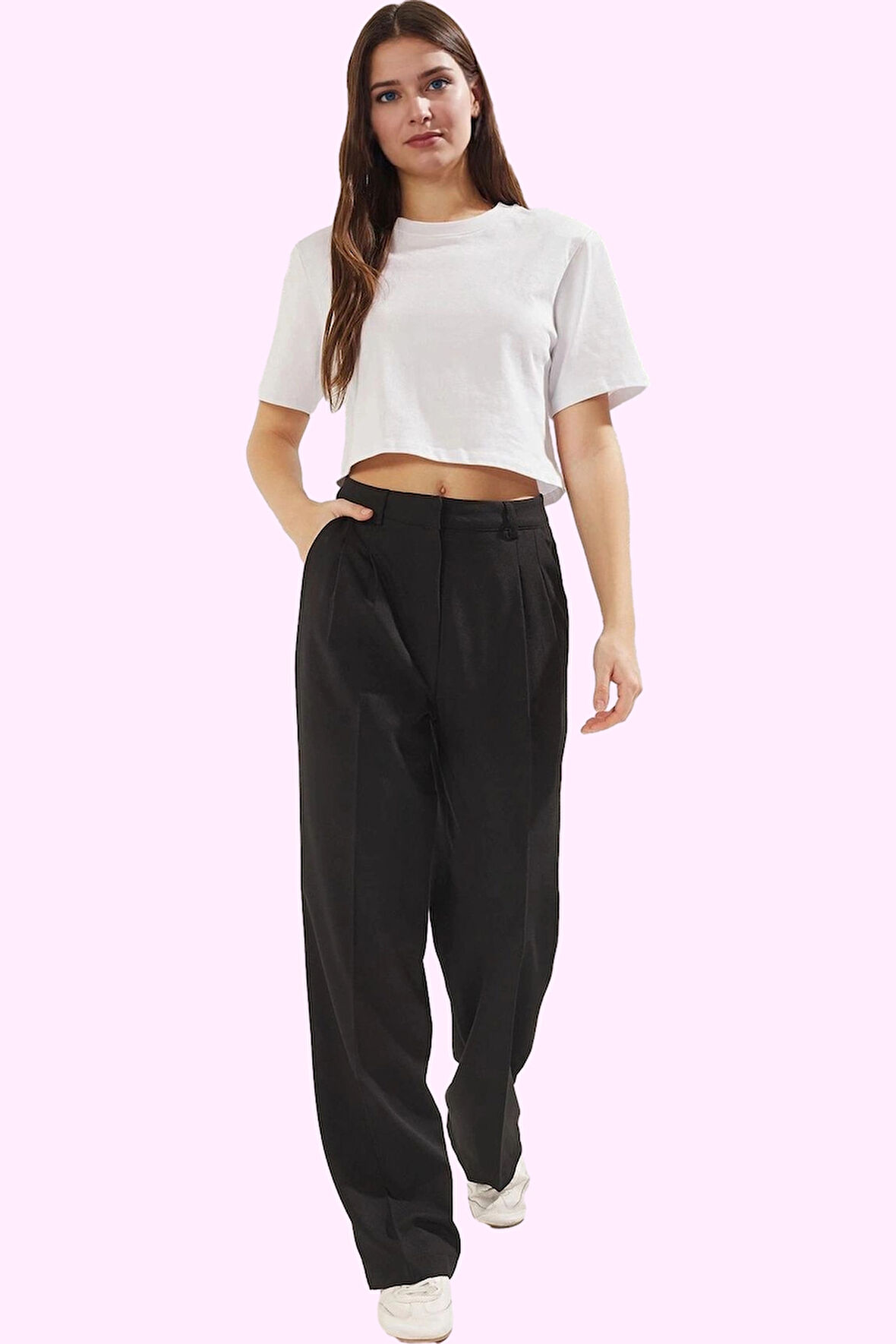 Kadın Yüksek Bel Straight Pantolon Düz Desen İş Ve Günlük Kullanıma Uygun Kaliteli Malzeme