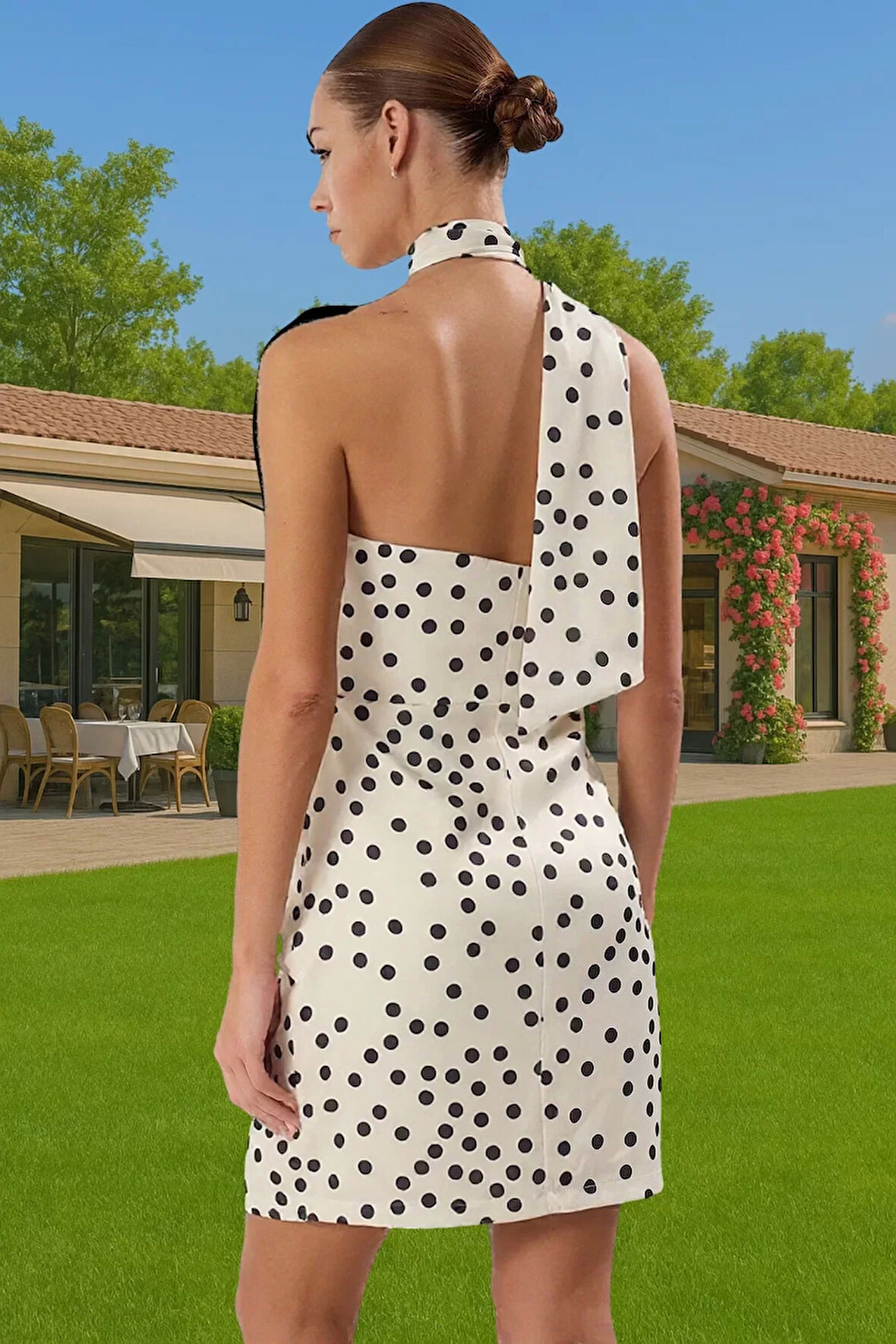 Şık Mini Elbise Dokuma Saten Kumaş Asimetrik Yaka Tasarım Profesyonel Görünüm Trend Tasarım