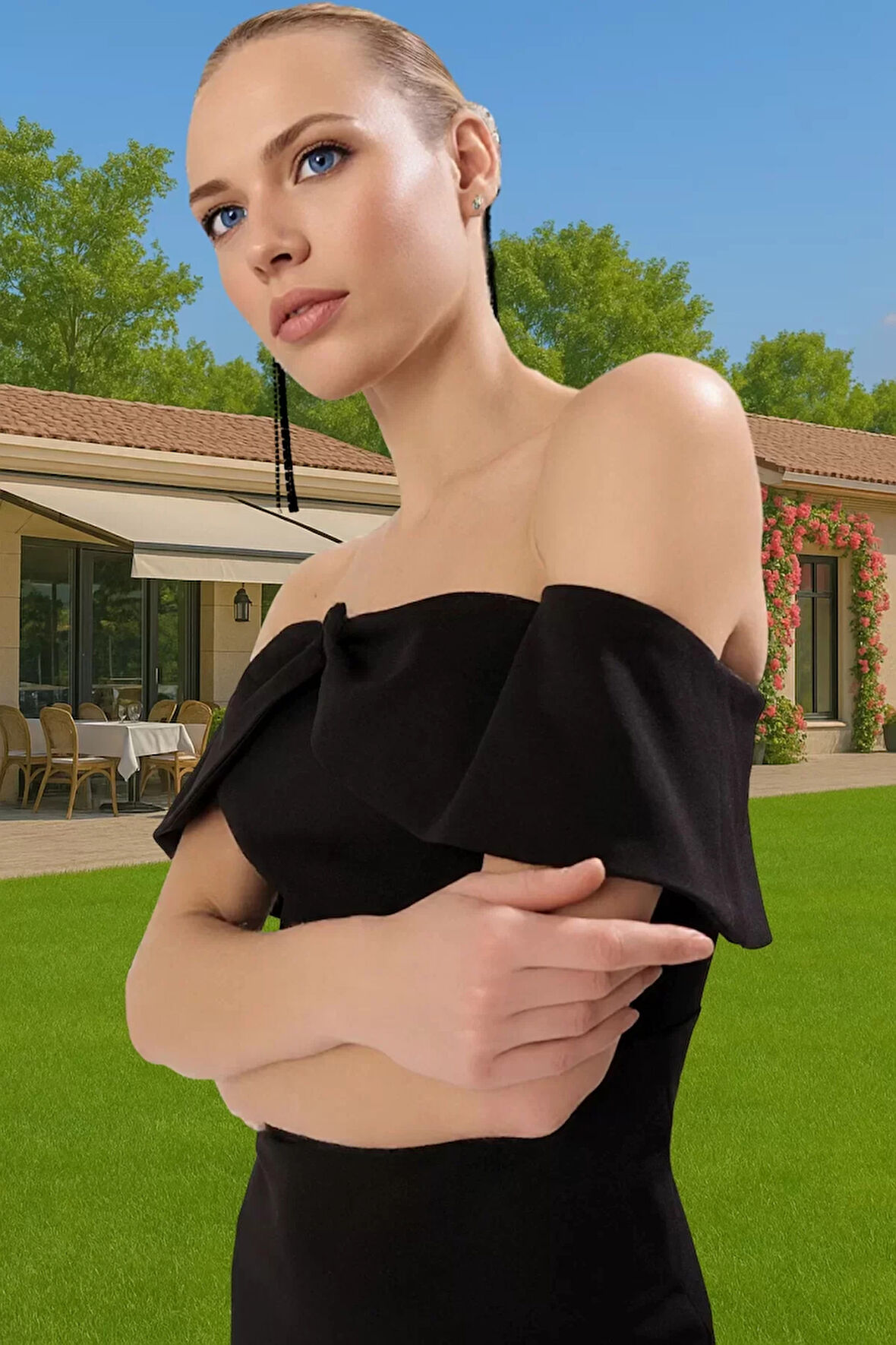 Midi Boy Carmen Yaka Fiyonklu A Kesim Abiye Elbise Polyester Elastan Profesyonel Görünüm