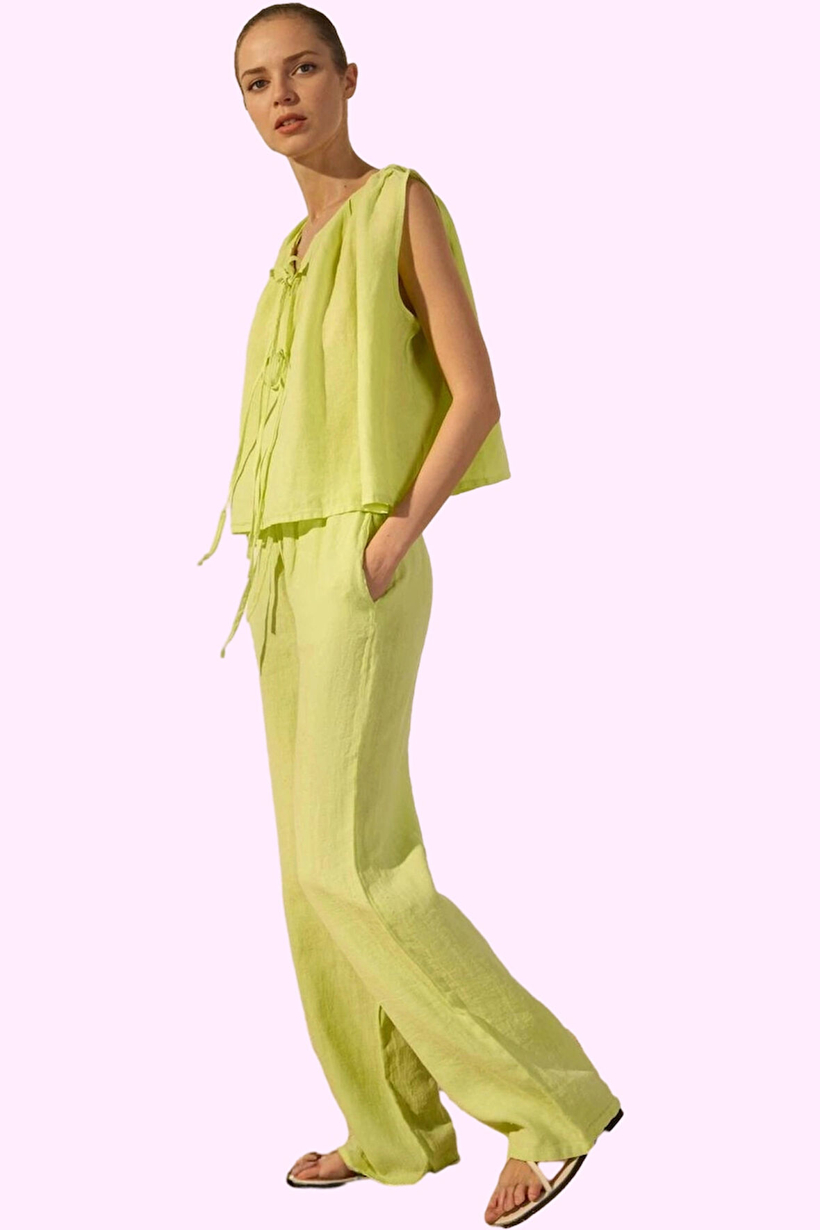 Kadın Keten Dokuma Pantolon Yüksek Bel Geniş Paça Yazlık Rahatlık Yaz Aylarının Vazgeçilmezi