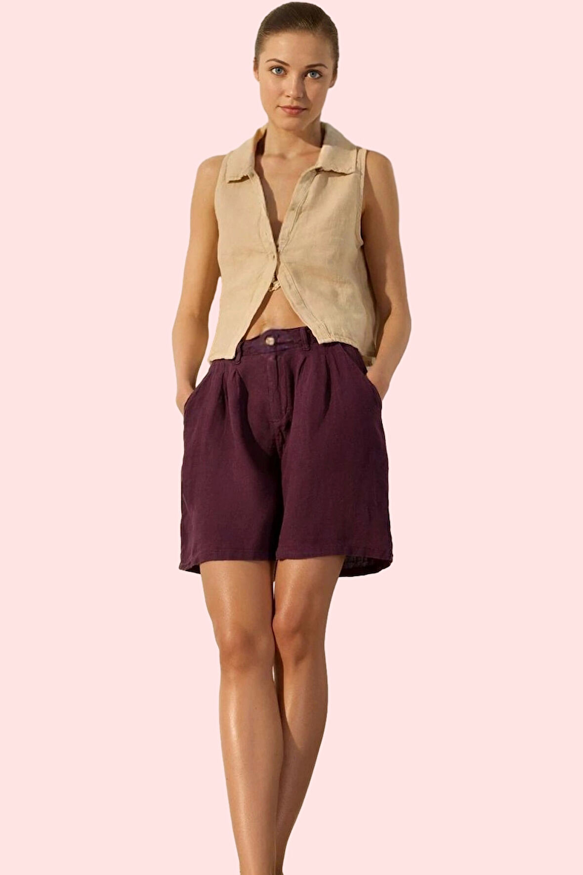 Kadın Keten Geniş Paça Kısa Şort Düz Desenli Yüksek Bel City Short Kalıp Rahat Günlük Hafta Sonu