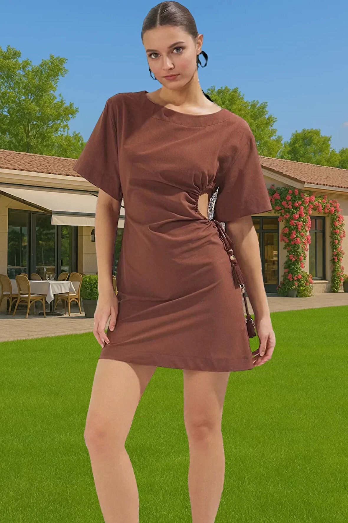 Şık Kadın Mini Pamuk Elbise Cut Out Detaylı Yazlık Kaliteli İşçilik Profesyonel Görünüm Şık Görünüm