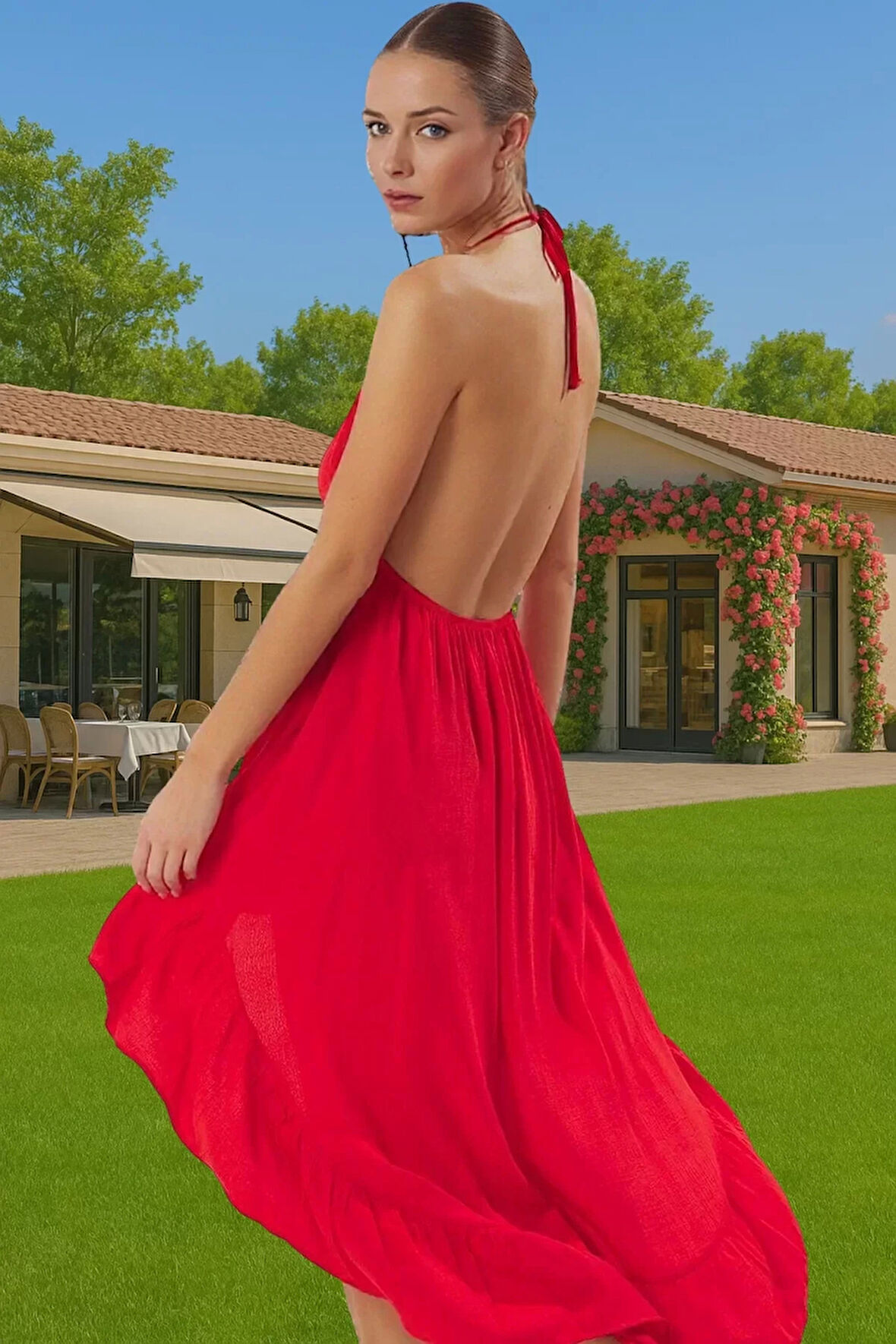 Askılı Volanlı Mini Plaj Elbisesi Crinkle Dokuma Polyester Yazlık Rahat Kullanım Kaliteli İşçilik