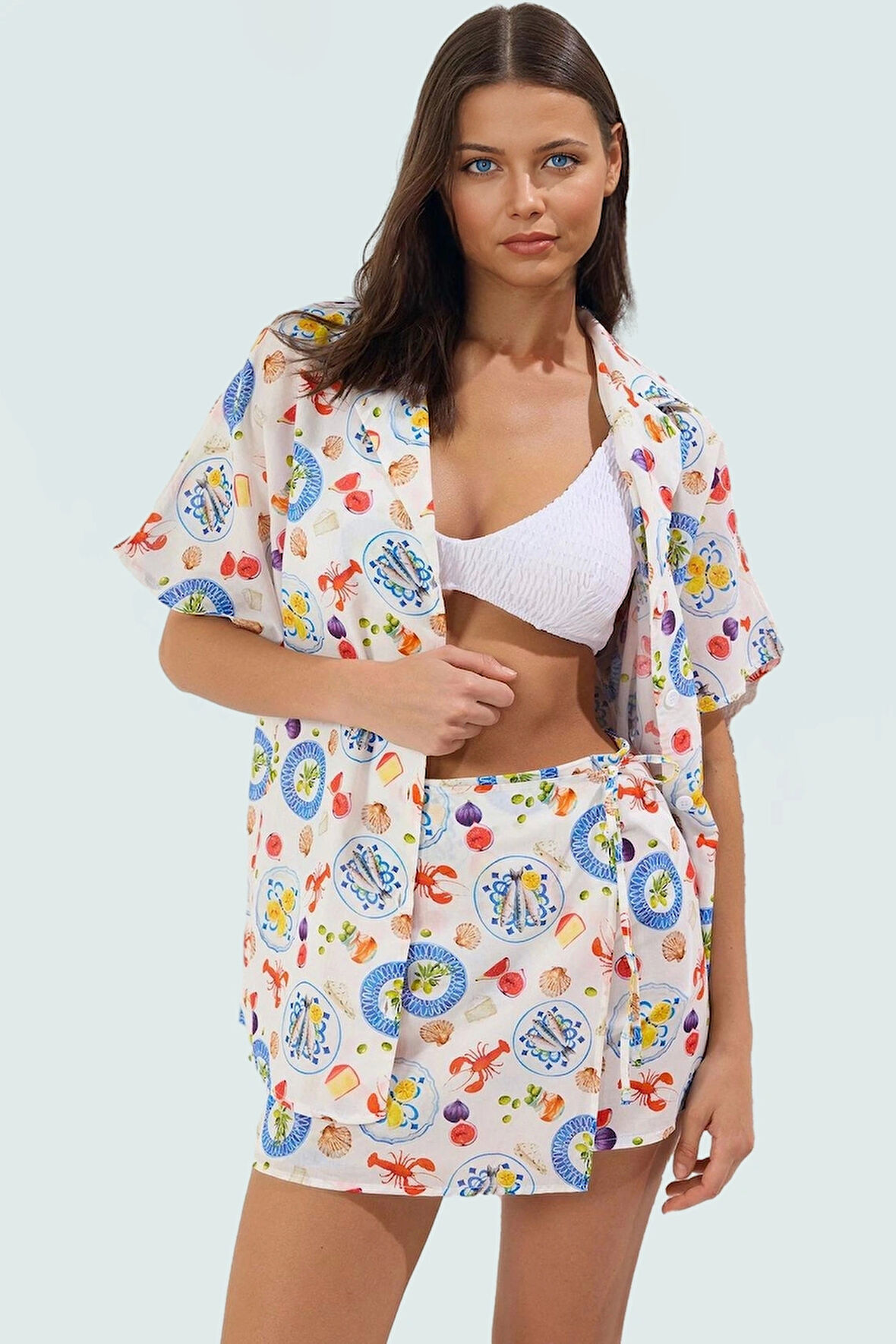 Dokuma Pamuklu Plaj Gömlek Etek Takımı Rahat ve Şık Yazlık Profesyonel Görünüm Konforlu Kesim