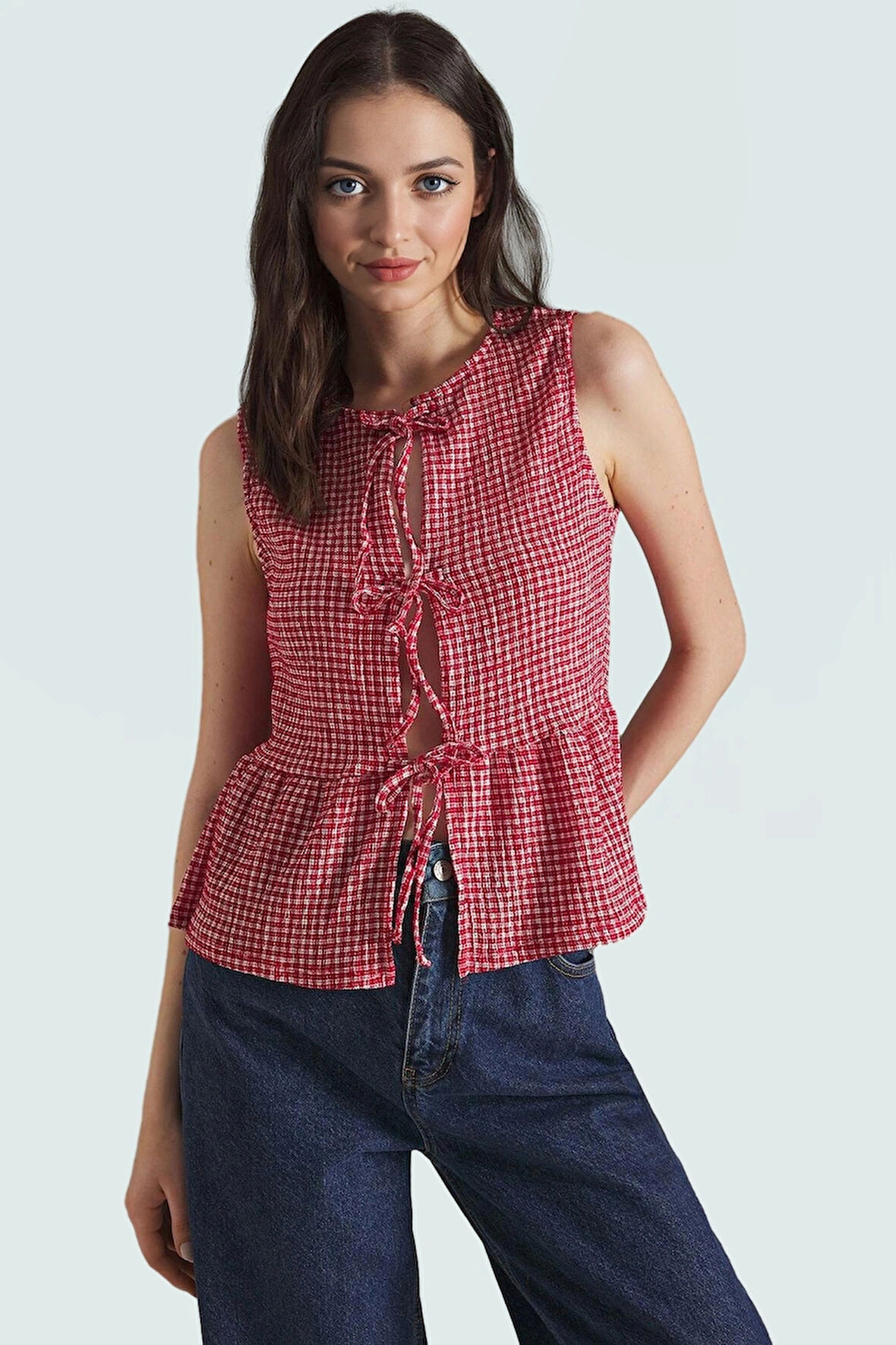 Kolsuz Ekose Bluz Polyester Elastan Jakarlı Örme Yazlık Günlük Rahat Ve Şık