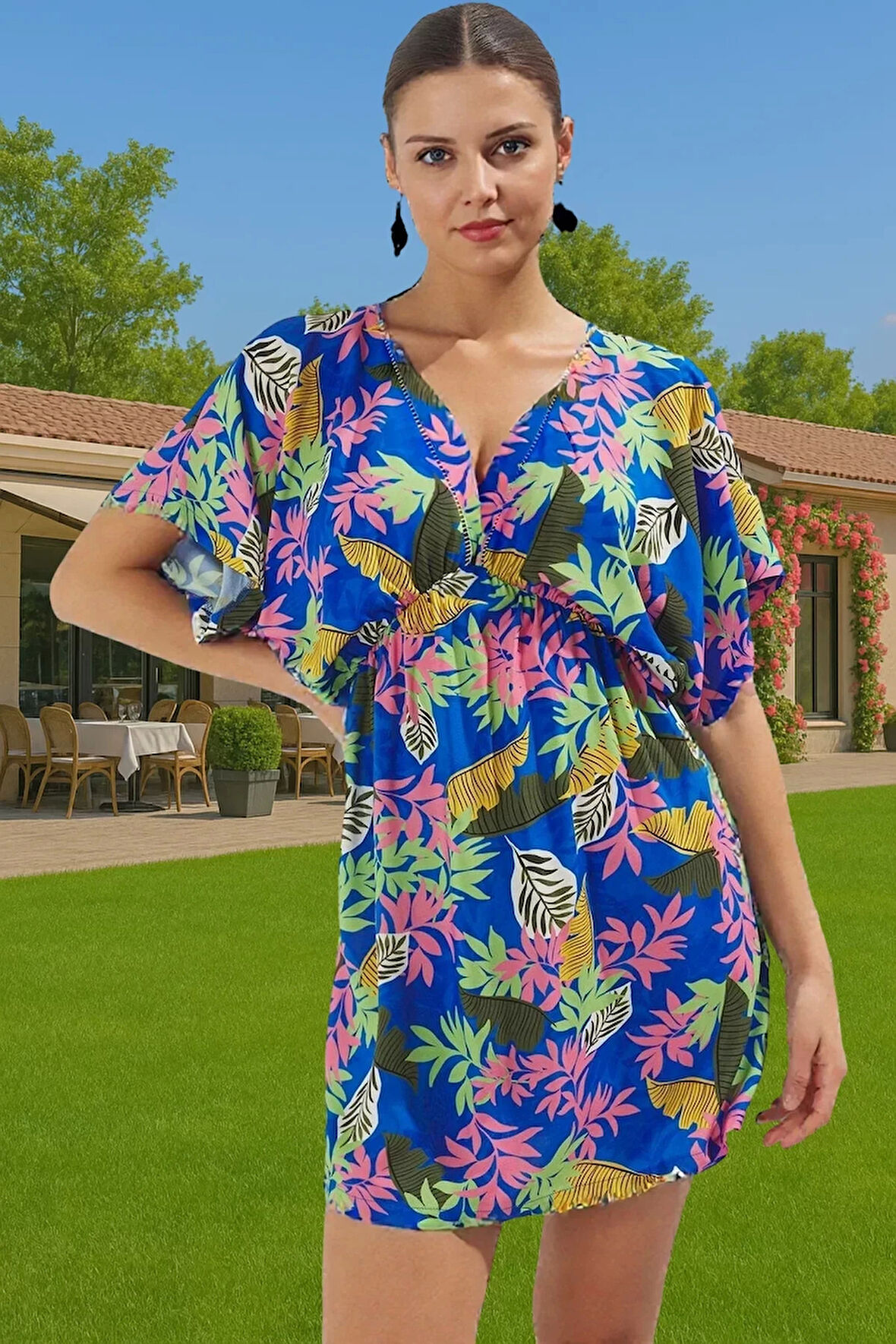 Shally Dokuma Viskoz Mini Elbise Çiçek Desenli Yazlık Plaj Günlük Kullanım İçin Modern Stil