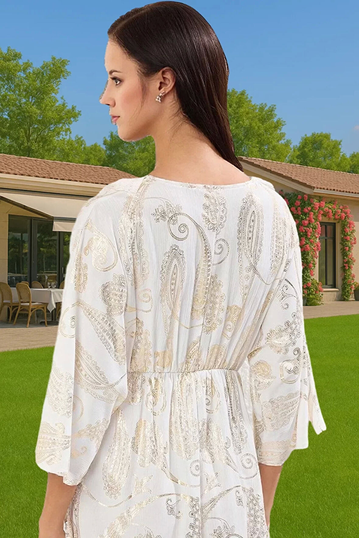 Yazlık Plaj Elbisesi Mini Şal Desenli V Yaka Dokuma Crinkle Zarifane Tasarım Dayanıklı Malzeme