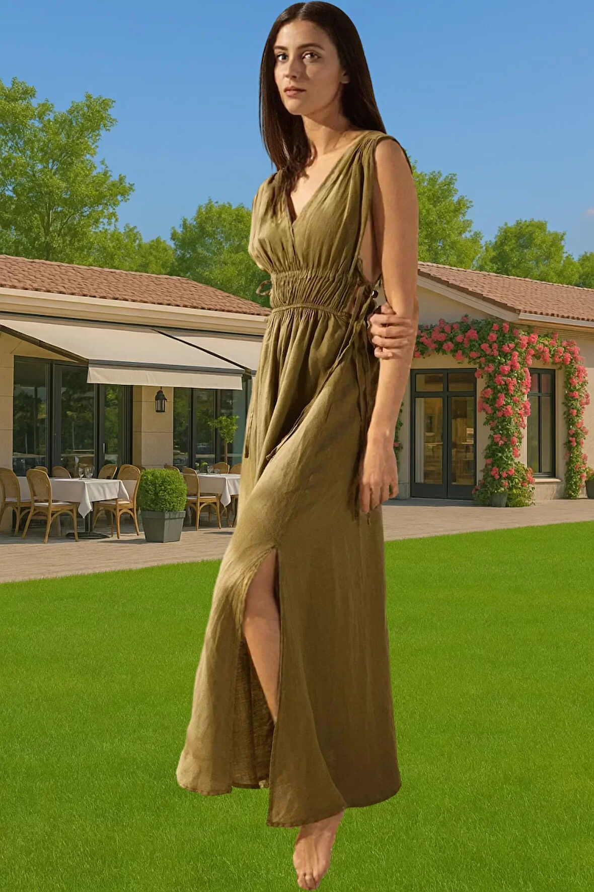 Rahat Keten Maxi Elbise Büzgü Detaylı Yazlık Plaj Giysisi Modern Stil Trend Tasarım