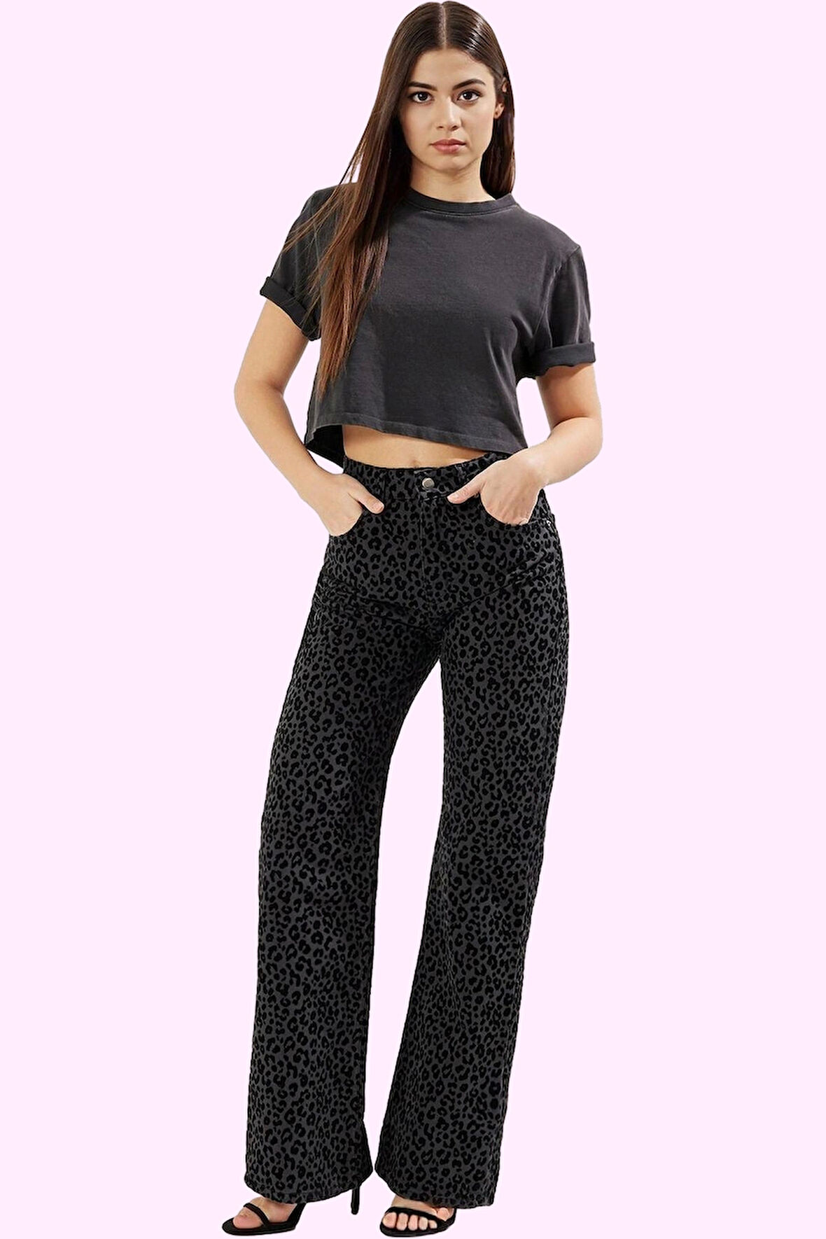 Kadın Leopar Desenli Pamuk Jean Pantolon Yüksek Bel Wide Leg Casual Tarz Dayanıklı Malzeme