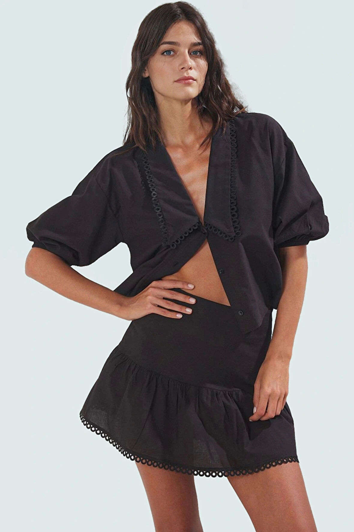 Yazlık Plaj Takımı Pamuk Dokuma Bluz ve Etek Kısa Kol Gömlek Yaka Şık Görünüm Mükemmel Uyum