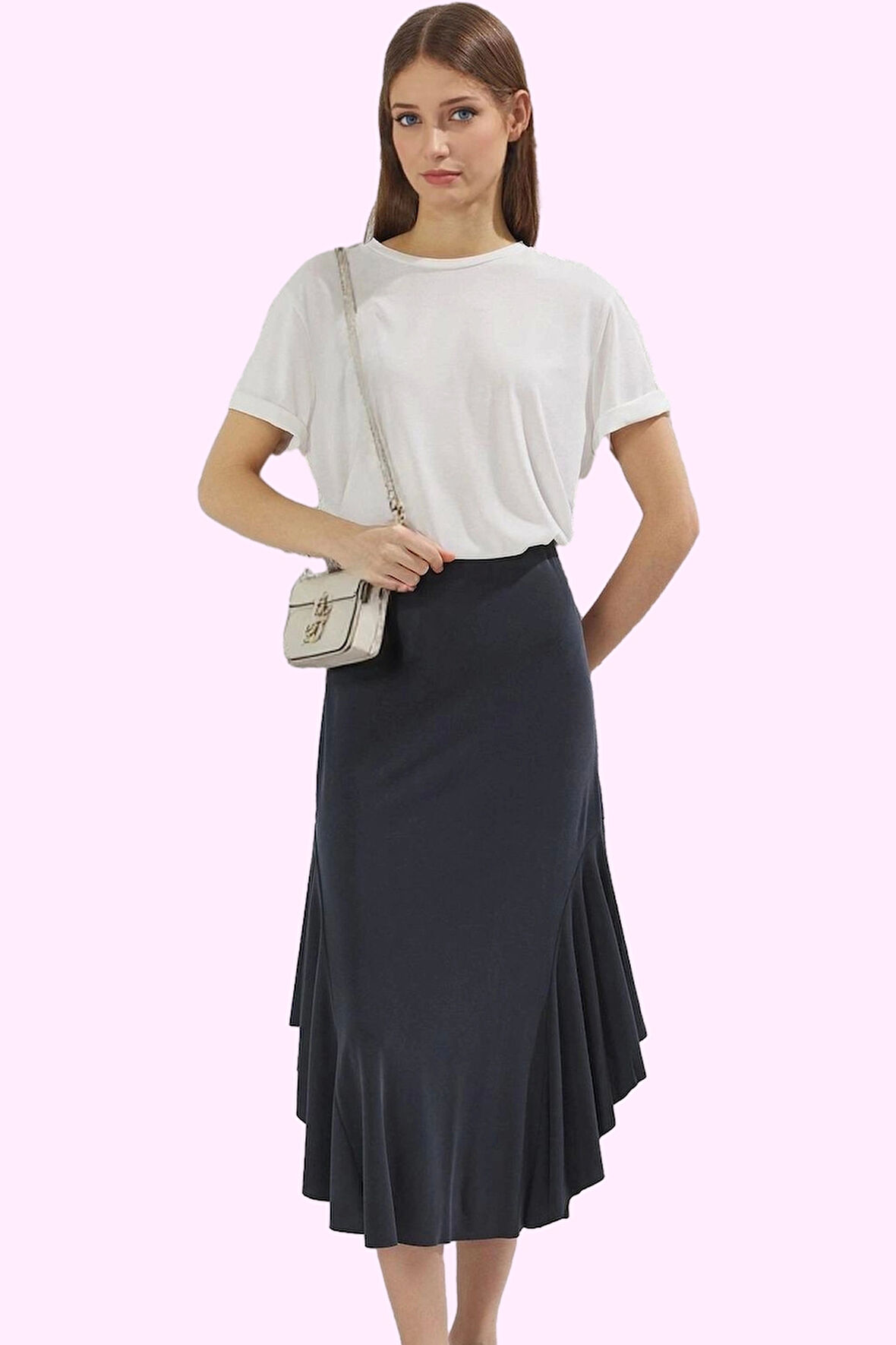 Kadın Yüksek Bel Midi Etek Renk Asimetrik Fırfırlı Örme Casual Günlük Kullanım Özel Günler