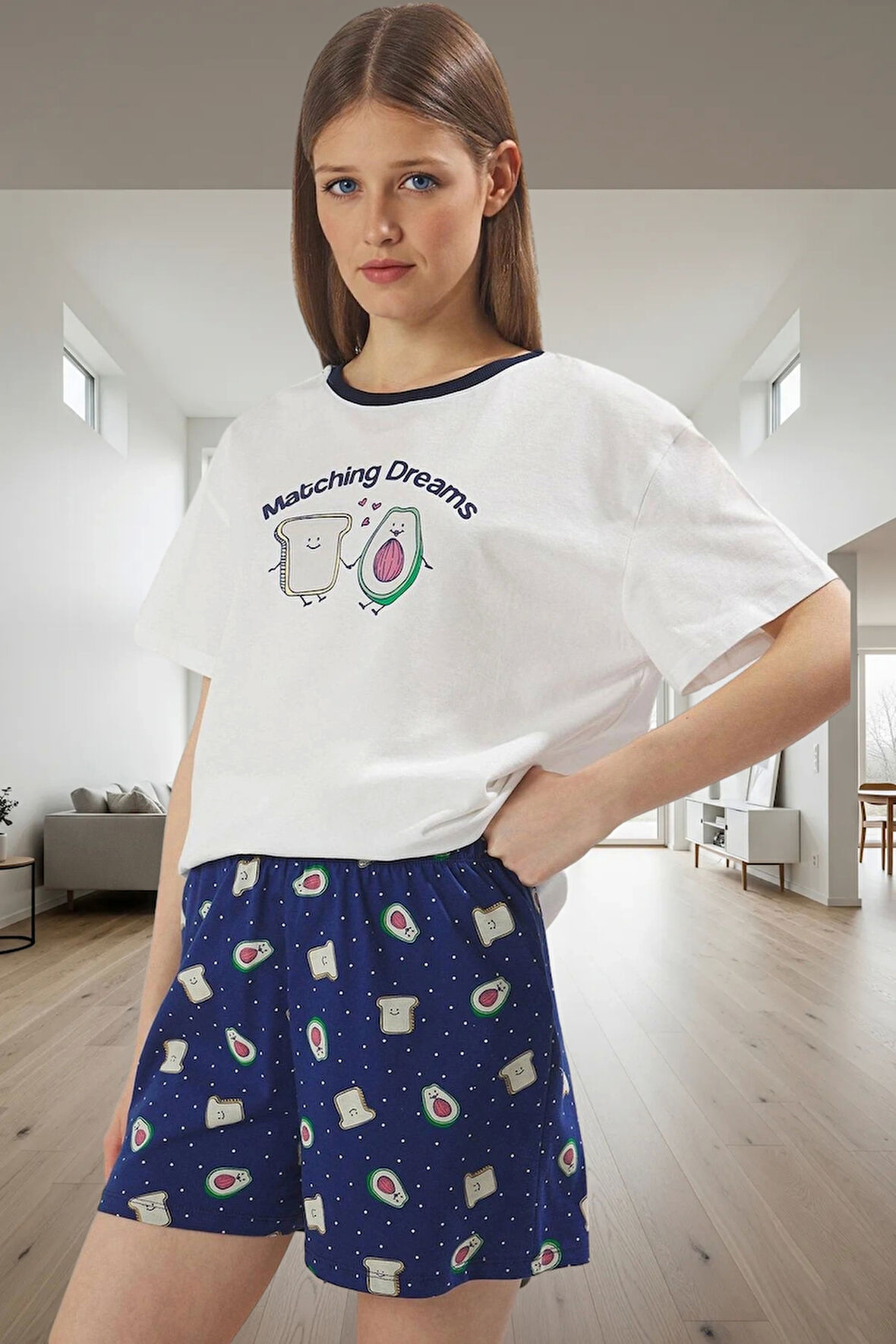 Avokado Desenli Kadın Pijama Takımı %100 Pamuk Yazlık Konforlu Profesyonel Görünüm Kaliteli İşçilik