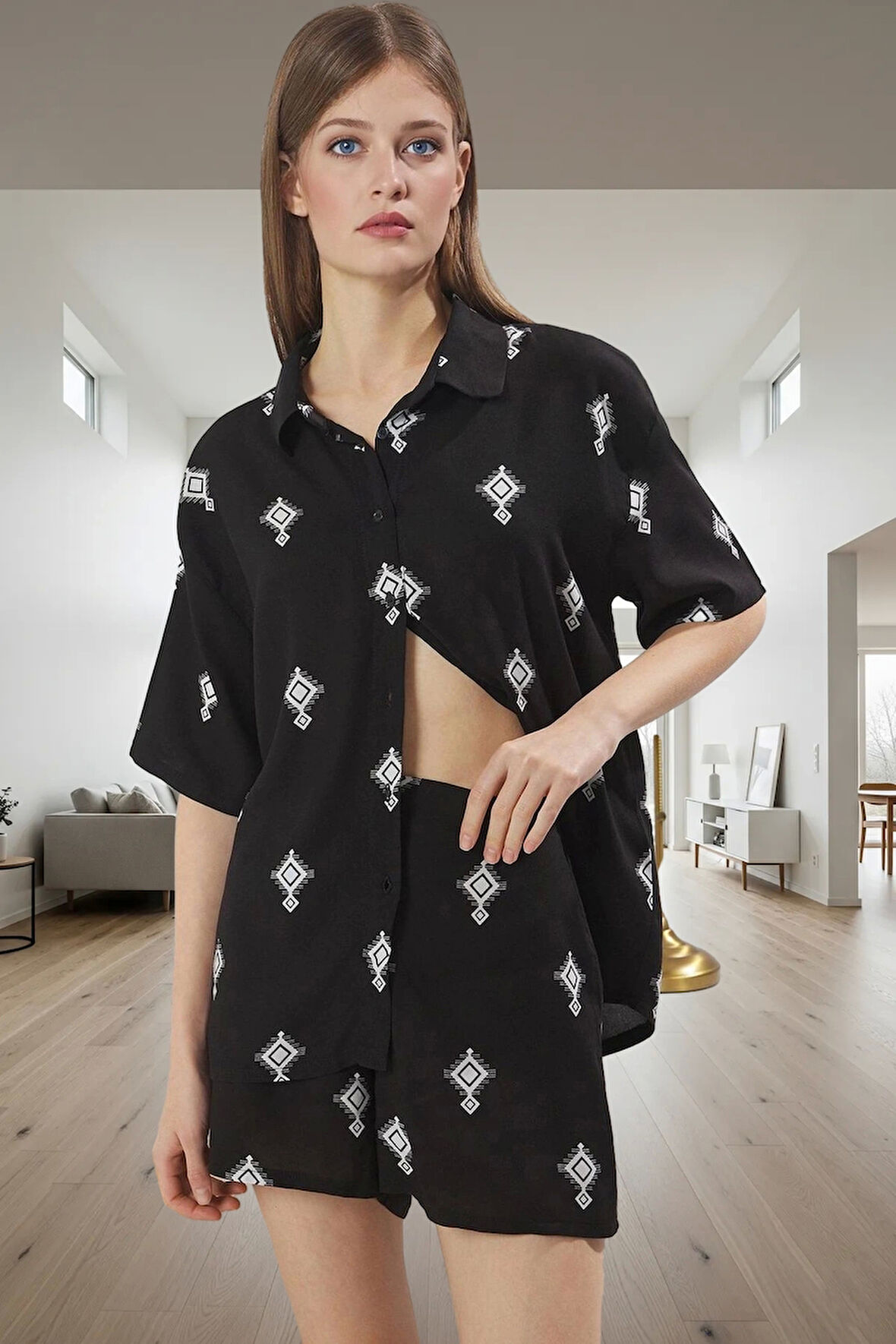 Rahat Yazlık Pijama Takımı Etnik Desenli Shally Kumaş Yüksek Kalite Günlük Kullanım İçin