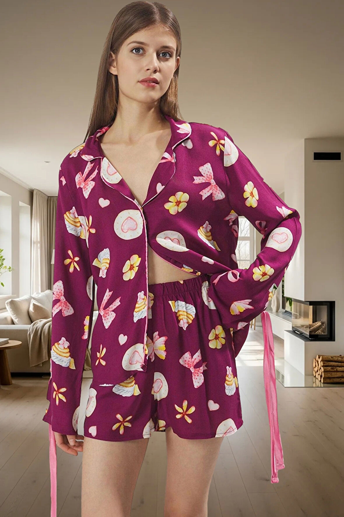 Rahat ve Şık Kadın Pijama Takımı Viskoz Şortlu Uzun Kollu Kullanım Ömürlü