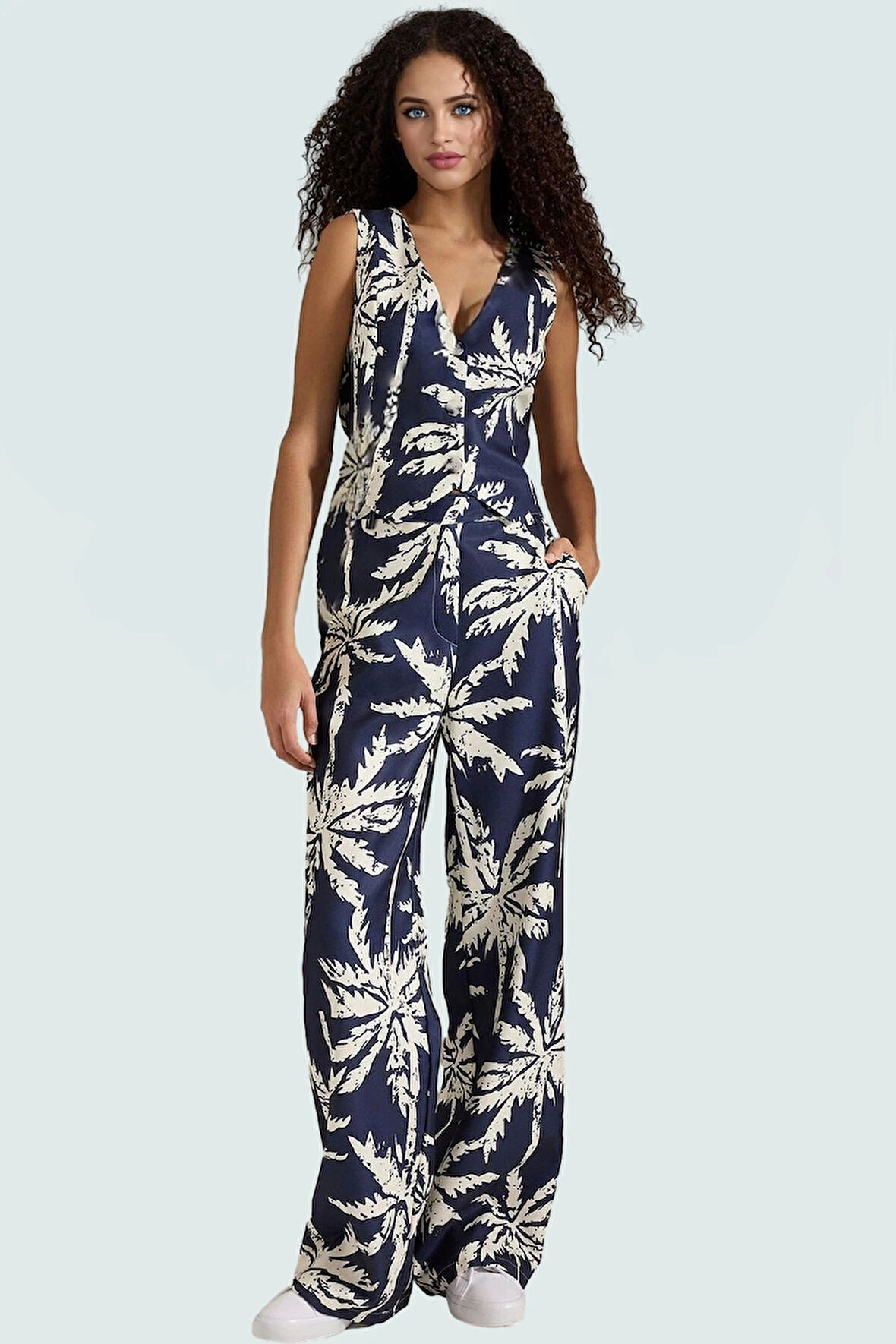 Şık Viskoz Keten Görünümlü V Yaka Yelek ve Geniş Paça Pantolon Takım Seçkin Malzeme Rahat