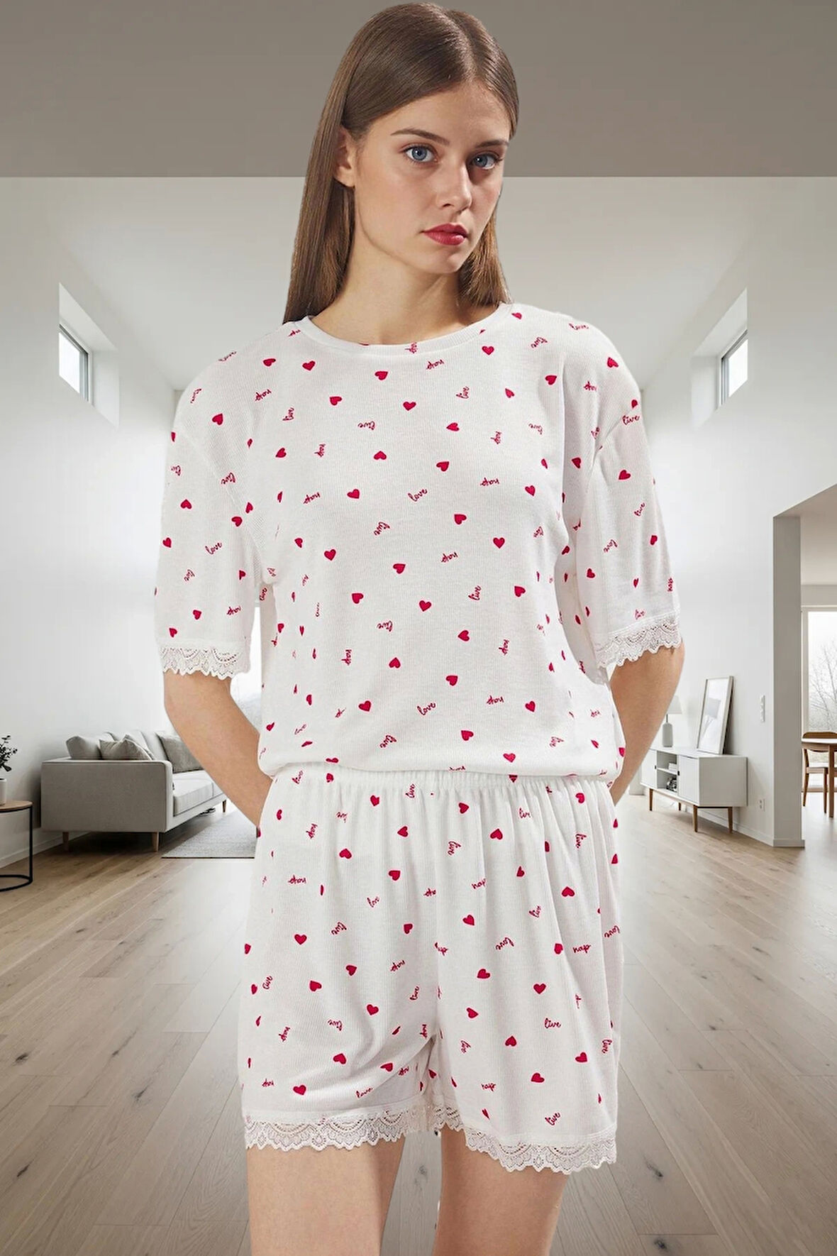 Rahat Pijama Takımı Kalp Desenli Örme Kumaş Dantel Detay Yazlık Uzun Ömürlü Mükemmel Uyum