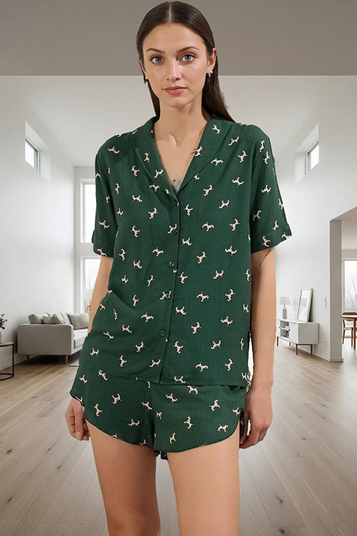 Pamuklu Köpek Desenli Rahat Pijama Takımı Evde Şıklık Özenle Seçilmiş Konforlu Kesim