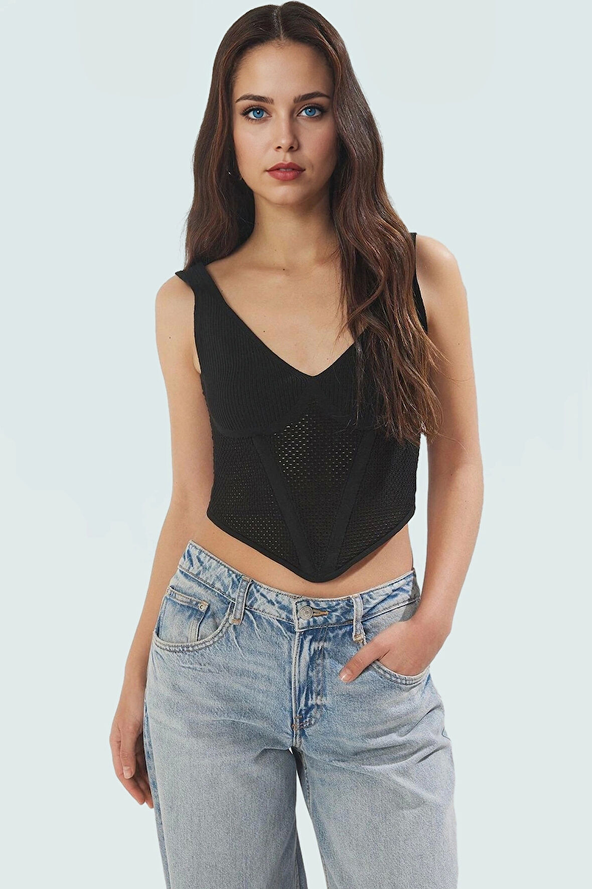 100 Polyester Triko Bluz Havuz Yaka Fitted Kalıp Crop Boy Kaliteli İşçilik Uzun Ömürlü