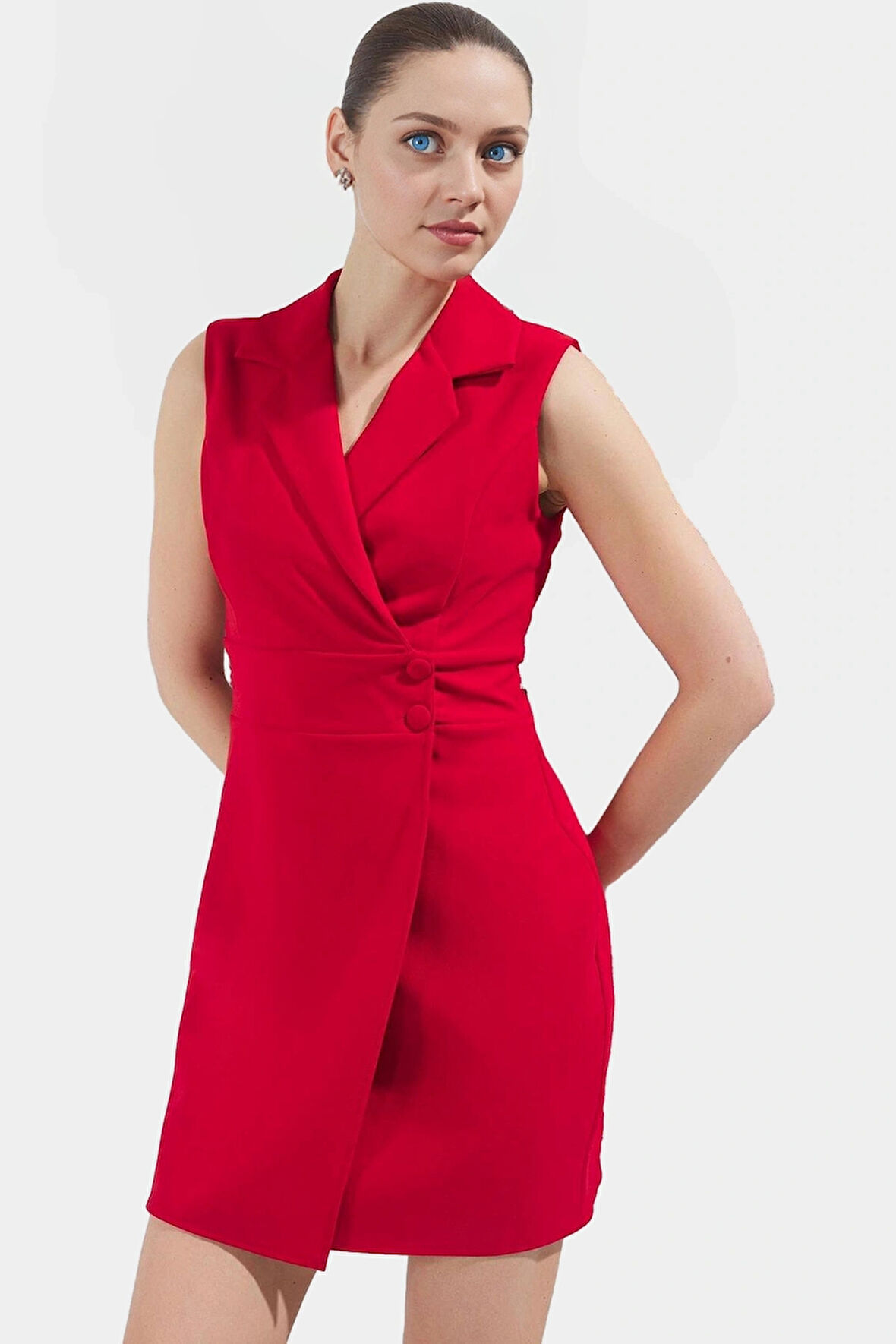 İş İçin Uygun Mini Elbise Polyester Dokuma Ceket Yaka Kolsuz Profesyonel Görünüm