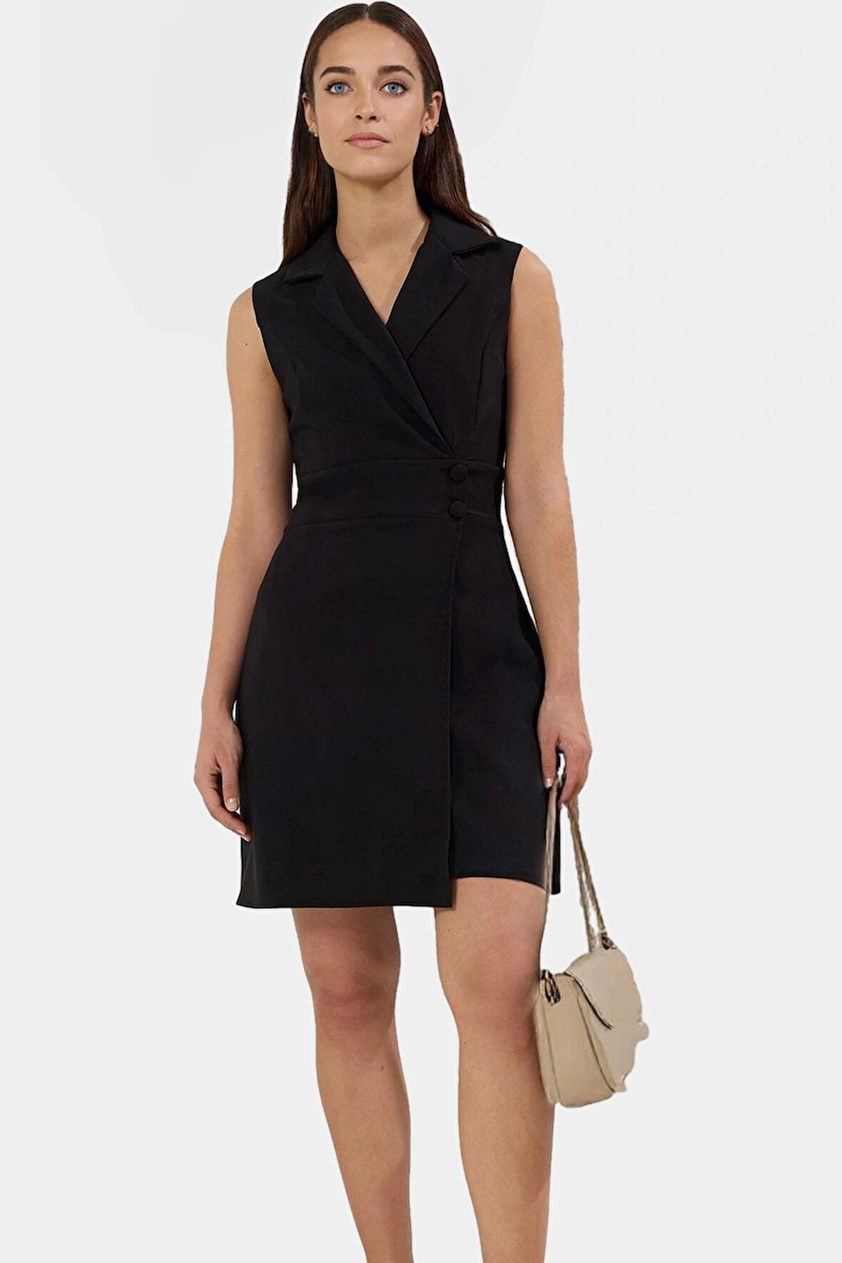 İş İçin Uygun Mini Elbise Polyester Dokuma Ceket Yaka Kolsuz Profesyonel Görünüm