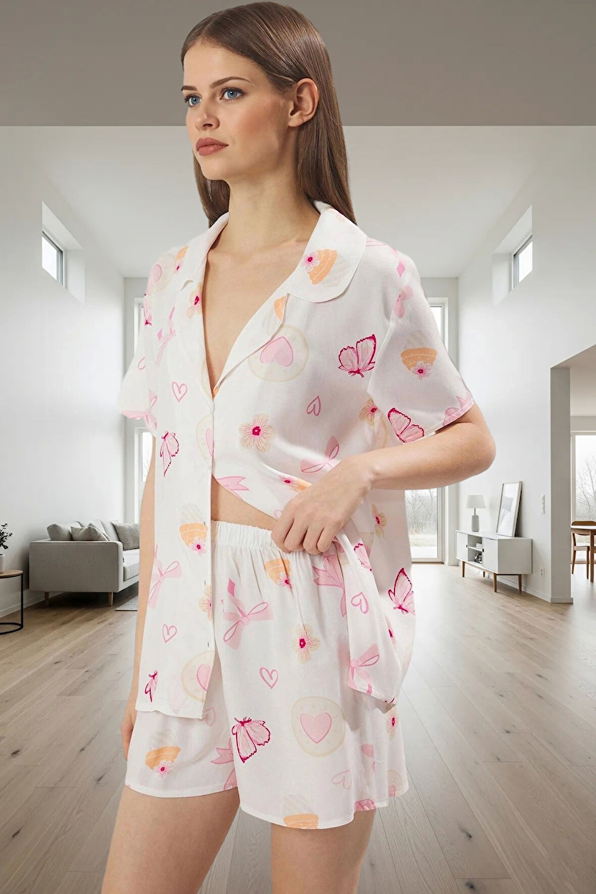 Rahat Baskılı Viskoz Pijama Takımı; Şortlu Kısa Kollu Çok Yüksek Kalite Konforlu Kesim