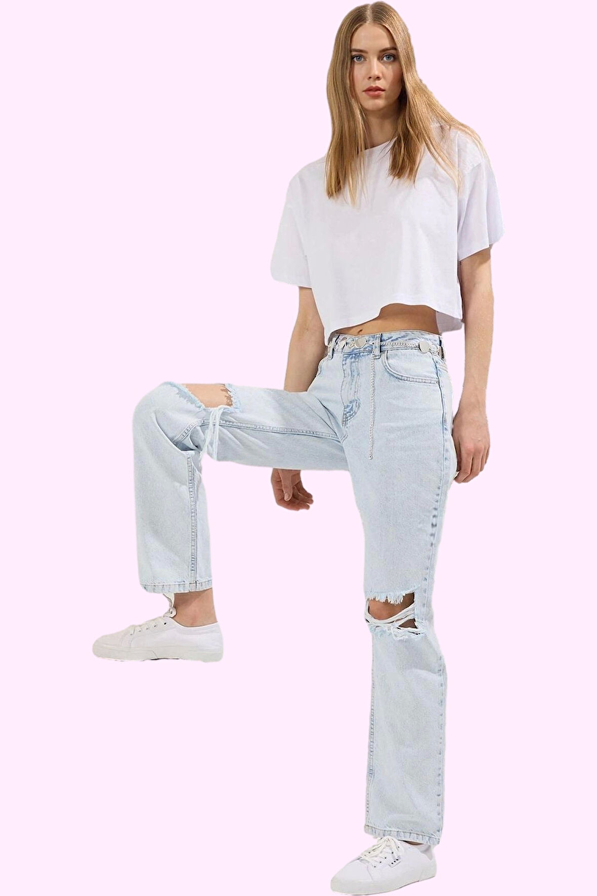 Kadın Pamuk Denim Geniş Paça Uzun Boy Jean Pantolon; Yırtık Detaylı; Günlük Kullanım Hafta Sonu