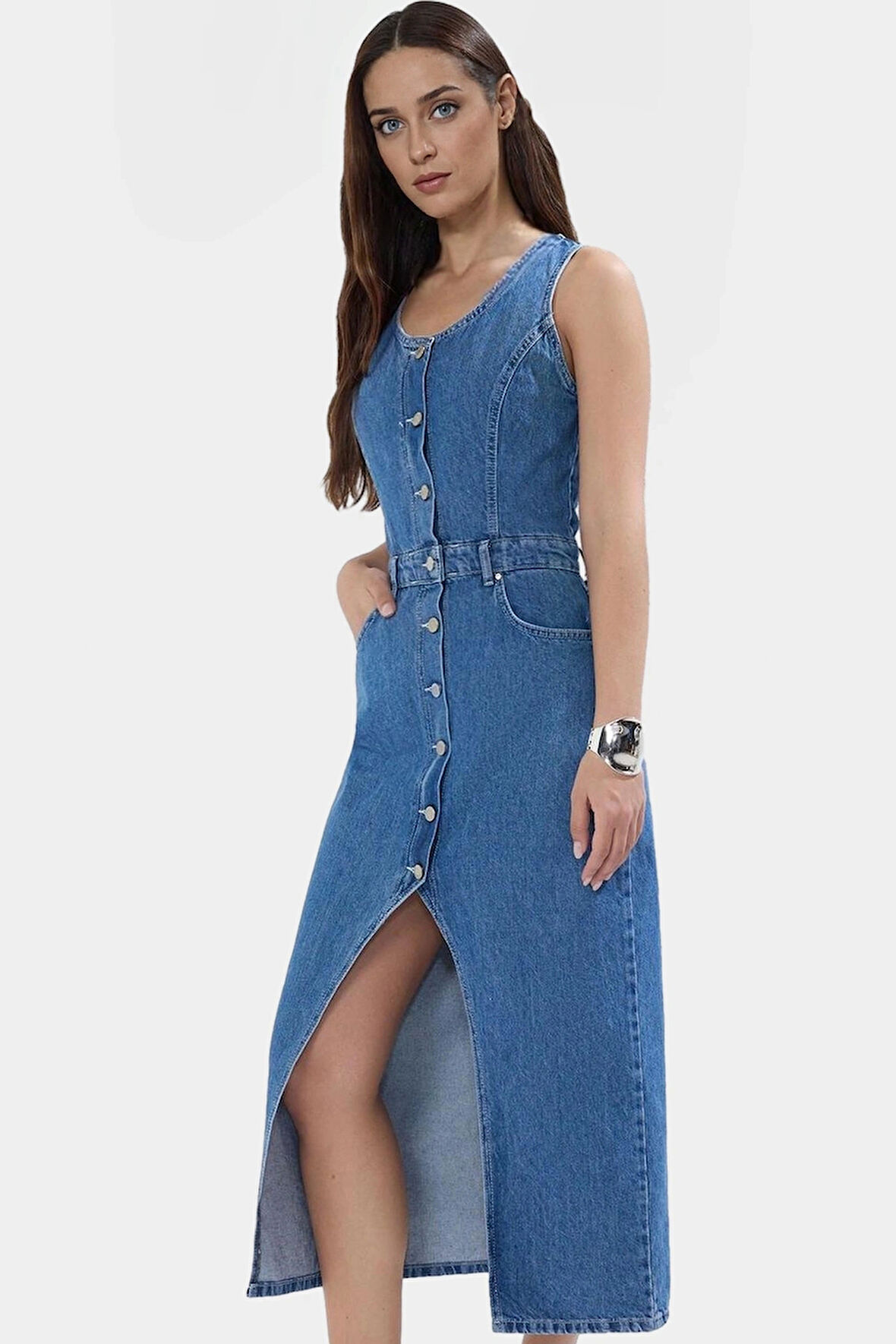 Pamuk Denim Midi Elbise Yırtmaçlı Düğmeli Havuz Yaka Şık Yazlık Profesyonel Görünüm