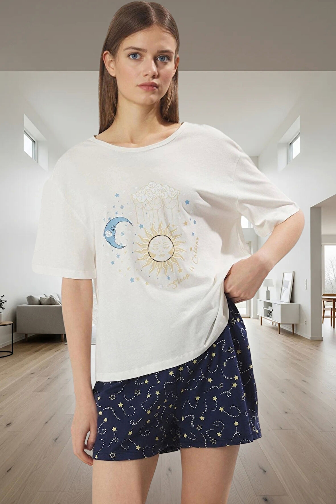 Galaksi Desenli %100 Pamuklu Rahat Pijama Takımı Dayanıklı Malzeme Özel Tasarım Seçkin