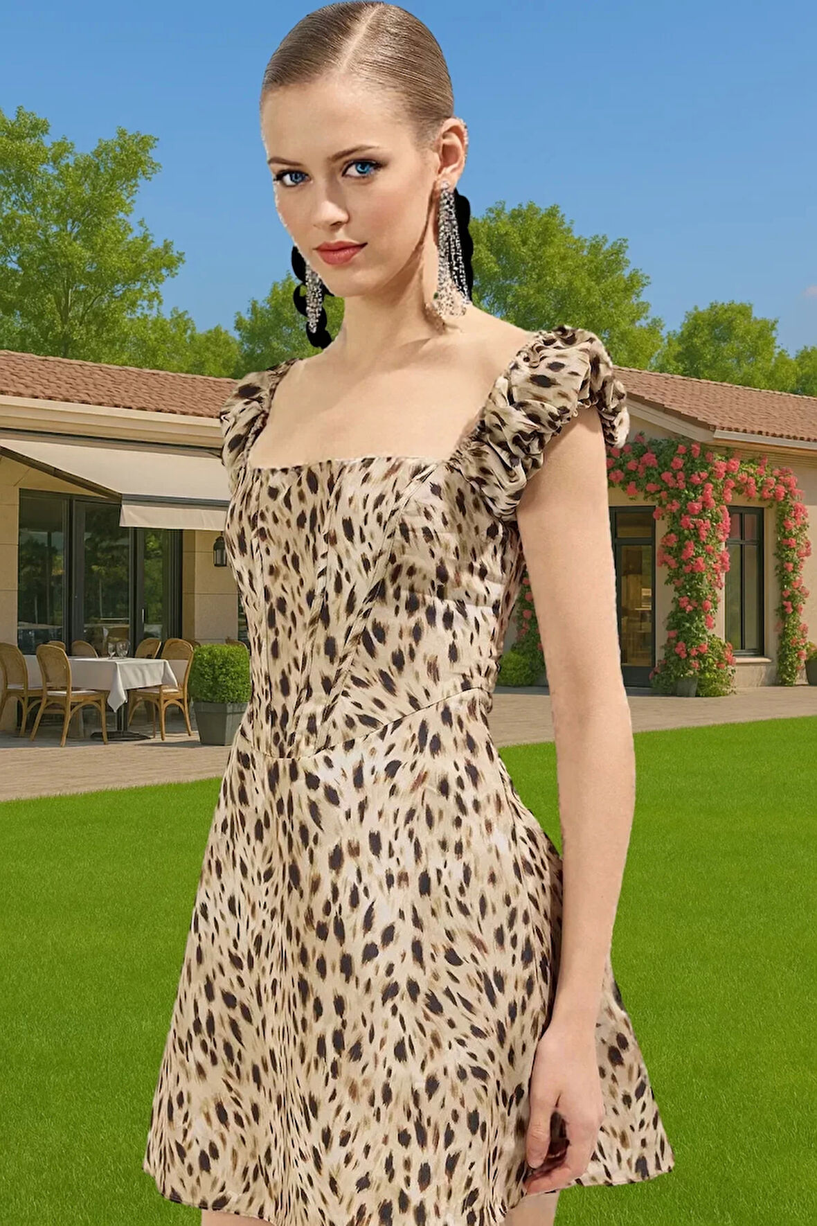 Kısa A Kesim Animal Desenli Poplin Elbise Yazlık Günlük Şık Şık Görünüm Modern Stil Kaliteli İşçilik