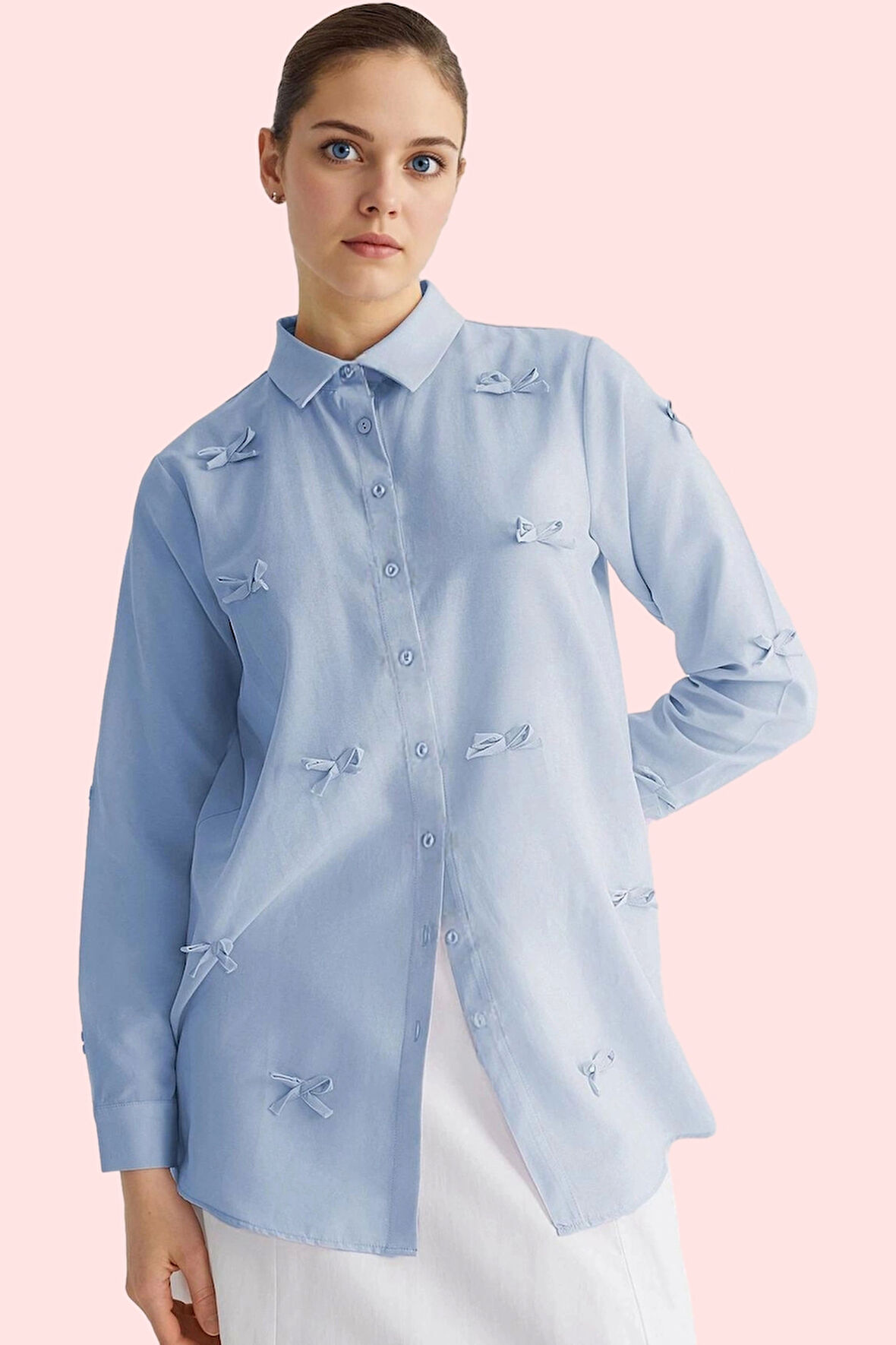 Kadın Modern Fiyonk Detaylı Terrycotton Dokuma Gömlek Günlük Kullanım İçin Kaliteli Malzeme