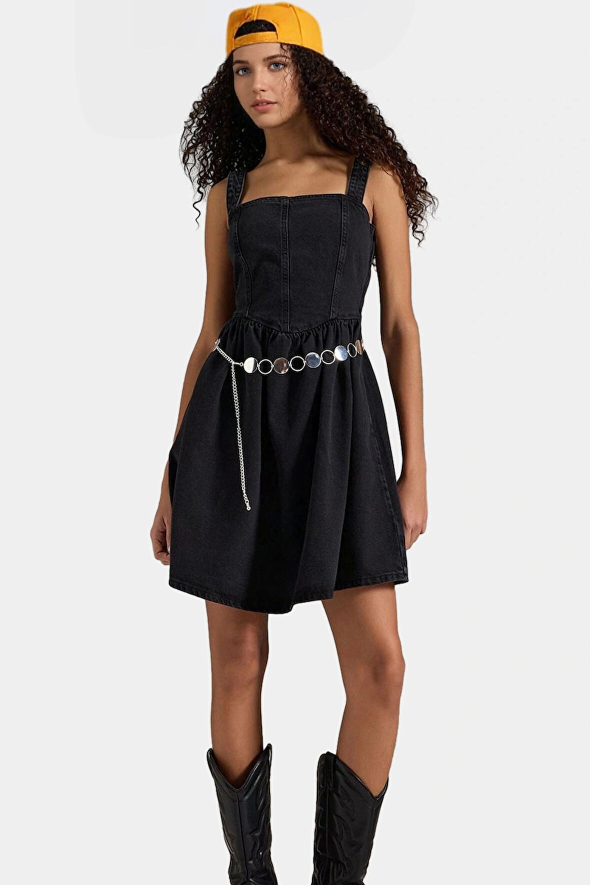 Denim Mini Elbise Fırfırlı Etekli Rahat Yazlık Pamuk Modern Stil Günlük Kullanım İçin