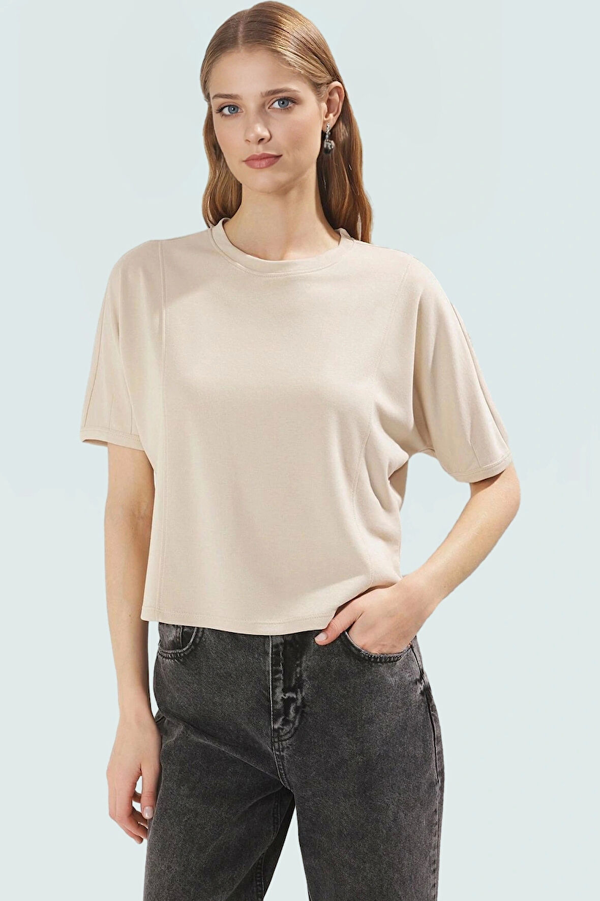 Yazlık Rahat Crop Bluz Scuba Kumaş Bisiklet Yaka Regular Kalıp Kullanım Premium Kalite