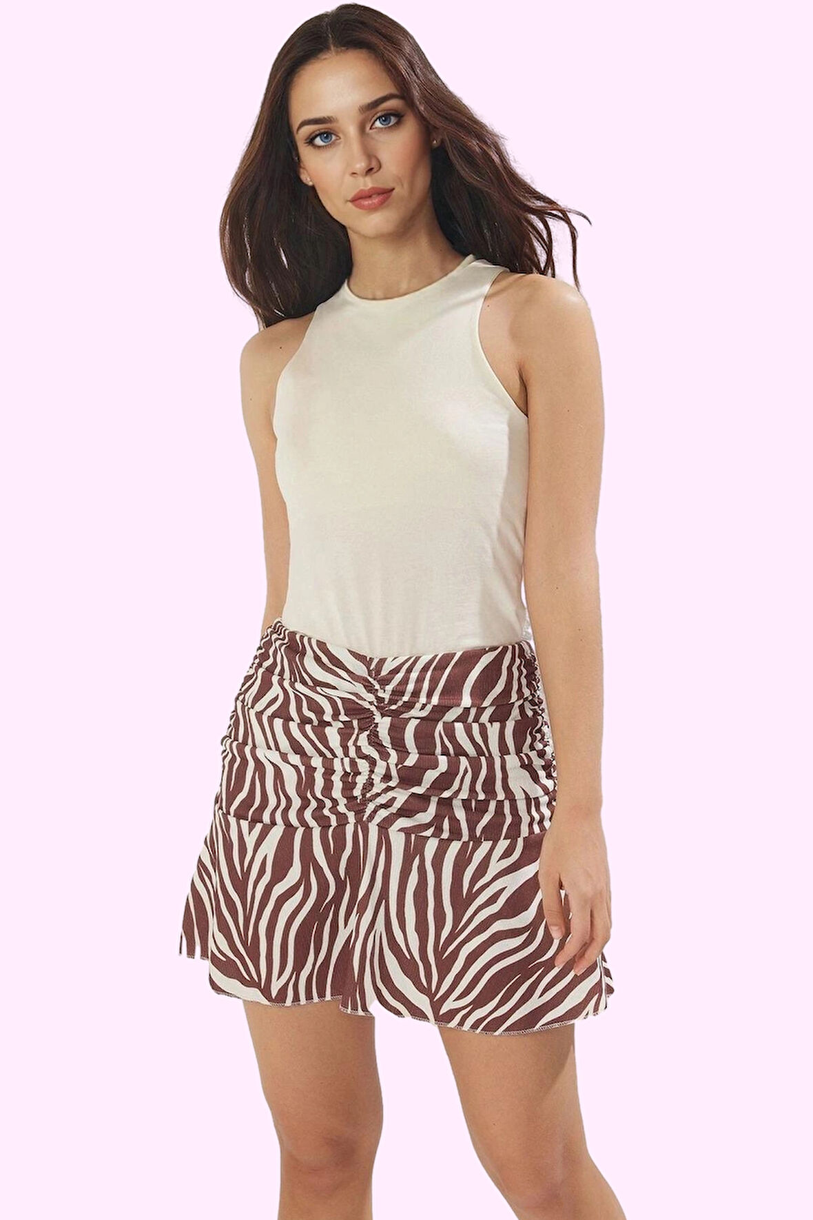 Kadın Mini Örme Etek Zebra Desenli Büzgü Detayı Kalem Yaz Günlük Kullanım Kaliteli Malzeme