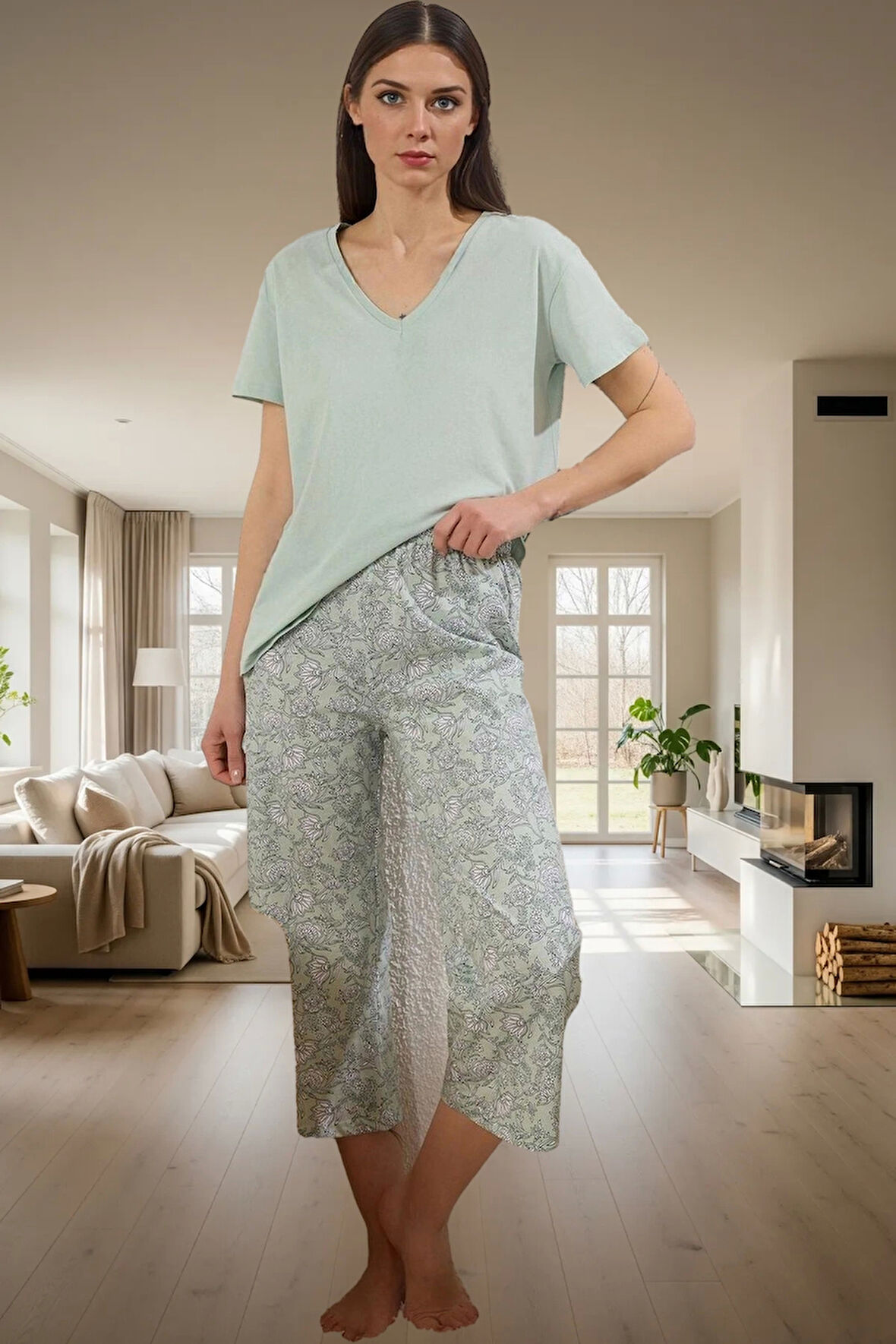 Rahat Örme Pijama Takımı Çiçek Desenli Kapri Pantolon Bisiklet Yaka Zarifane Tasarım