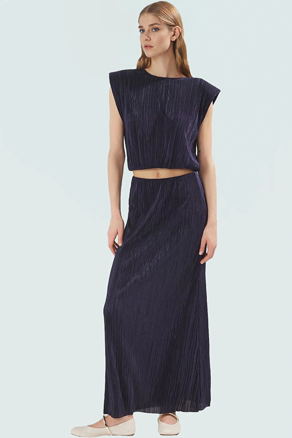 Plise Detaylı Polyester Örme Yazlık Kadın Bluz Etek Takım Günlük Kullanım İçin