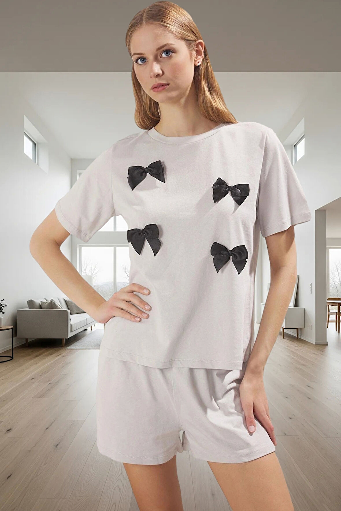 Pamuklu Kurdele Detaylı Şortlu Pijama Takımı Rahat ve Şık Konforlu Kesim Premium Kalite