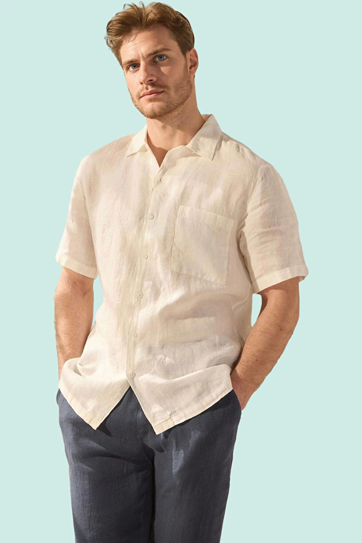 Erkek Keten Kısa Kollu Basic Gömlek Rahat Günlük Stil Hafta Sonu Yaz Aylarının Vazgeçilmezi