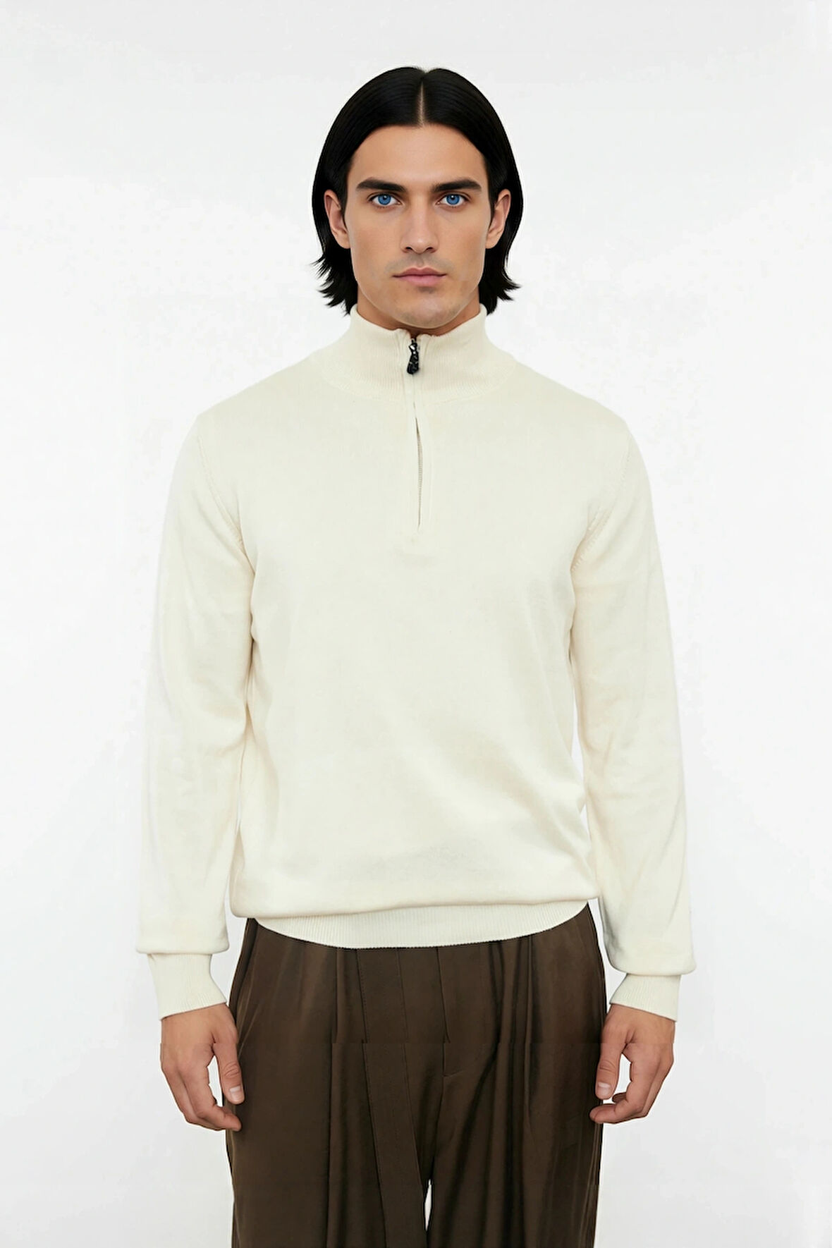 Erkek Düz Desen Regular Fit Fermuarlı Yarım Balıkçı Yaka Triko Kazak Kışlık Rahat Giyim Kaliteli