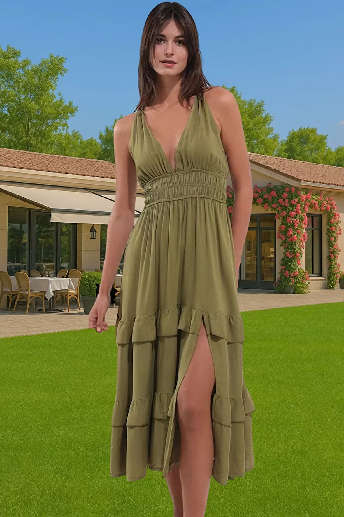 Kadın Yazlık Plaj Elbisesi Volanlı Haki Maxi Elbise Rahat Rahat Kullanım Uzun Ömürlü Modern Stil