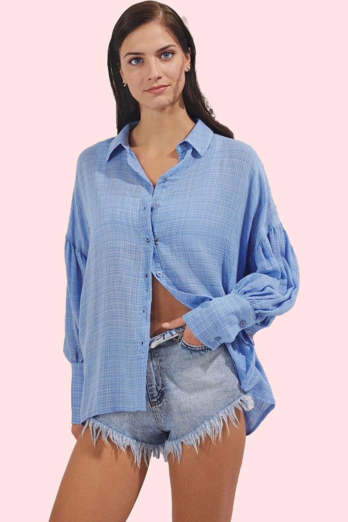 Kadın Yazlık Keten Görünümlü Dokuma Plaj Gömleği Pamuk Viskoz Rahat Kesim Günlük Kombinler