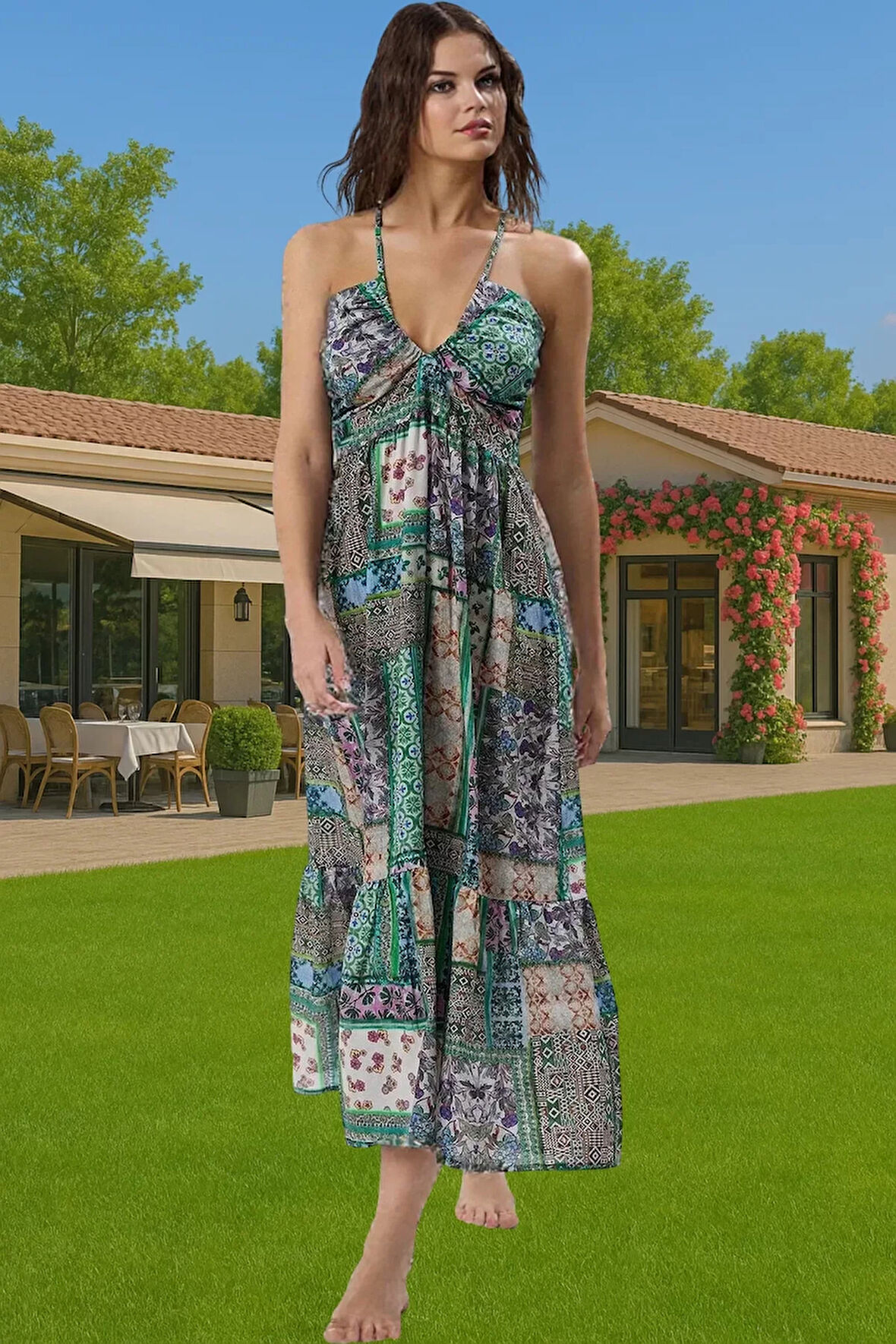 Yazlık Kadın 100 Pamuk Maxi Elbise Etnik Desenli Plaj Günlük Kullanım İçin Seçkin Malzeme