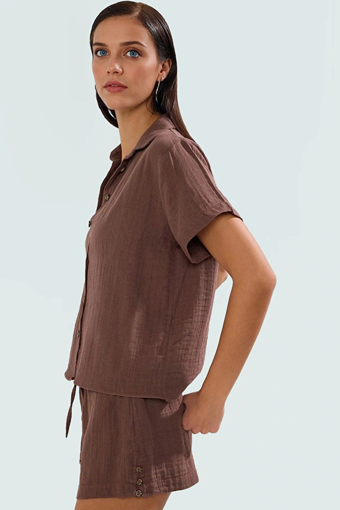 Yazlık Plaj Takımı Kısa Kollu Gömlek Yaka Müslin Şort Pamuk Rahat Kalıp Kullanım