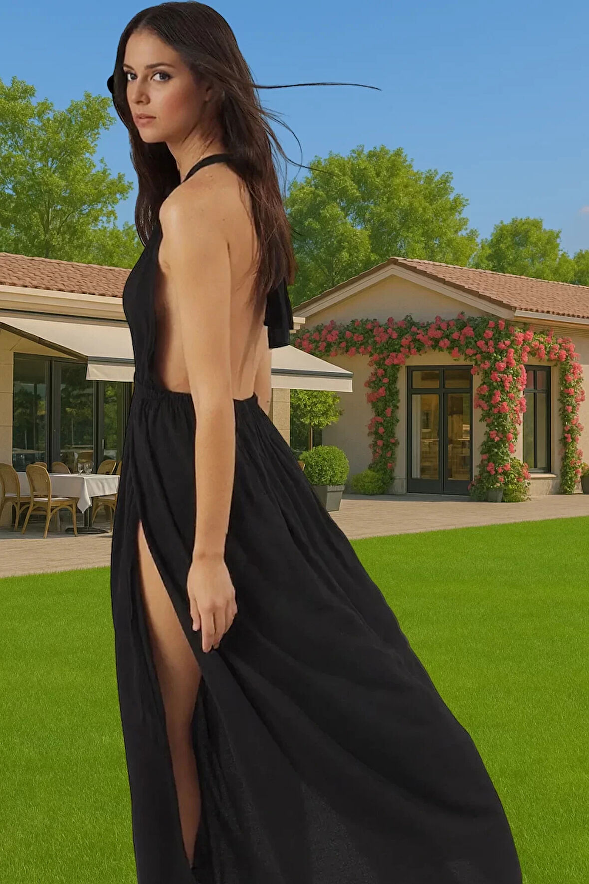 Şık V Yaka Maxi Plaj Elbisesi Rahat Kalıp Crinkle Dokuma Viskoz Kumaş Modern Stil Mükemmel Uyum