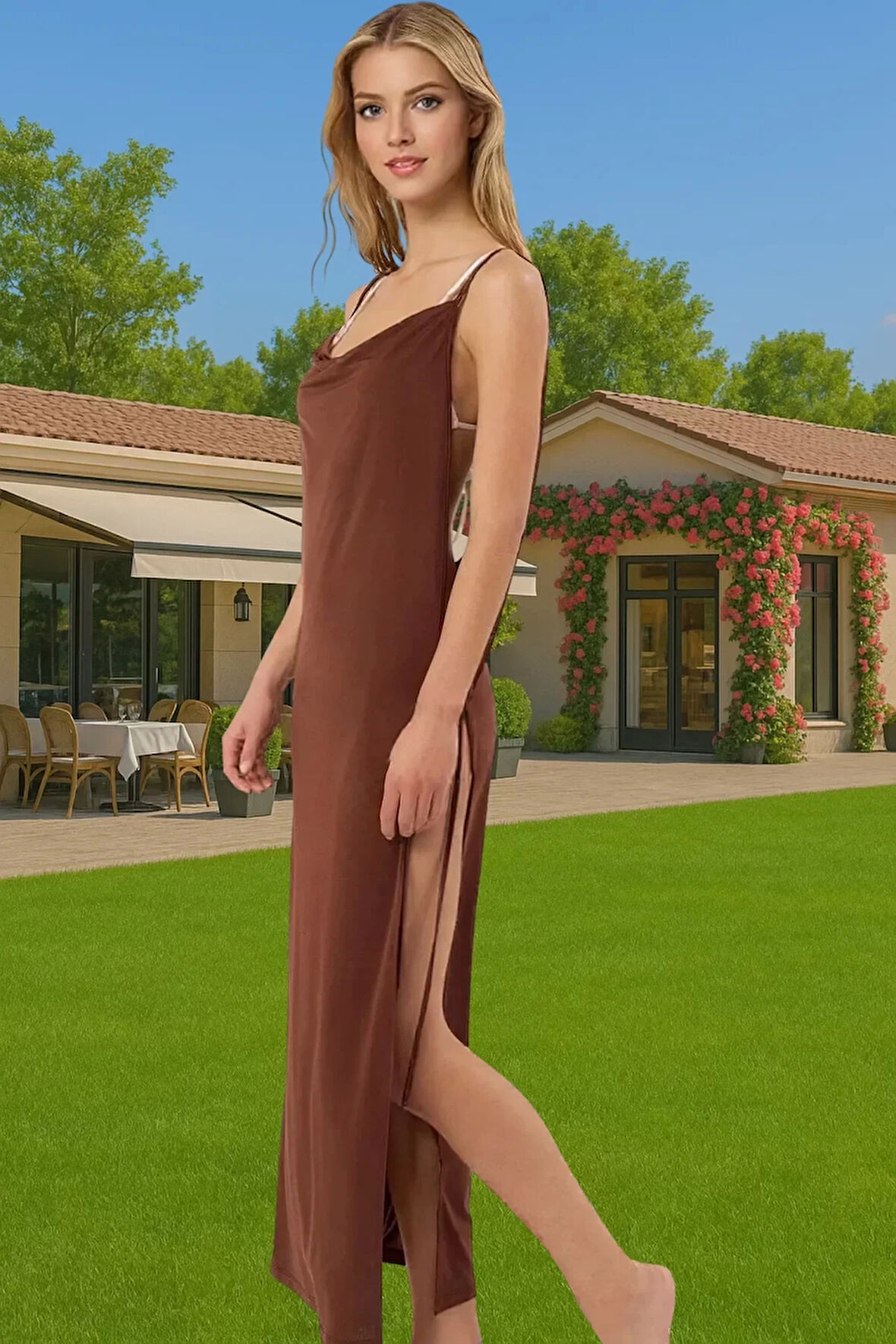 Kadın Yazlık Örme Bodycon Plaj Elbise Derin Yırtmaçlı Maxi Özenle Seçilmiş Özel Tasarım