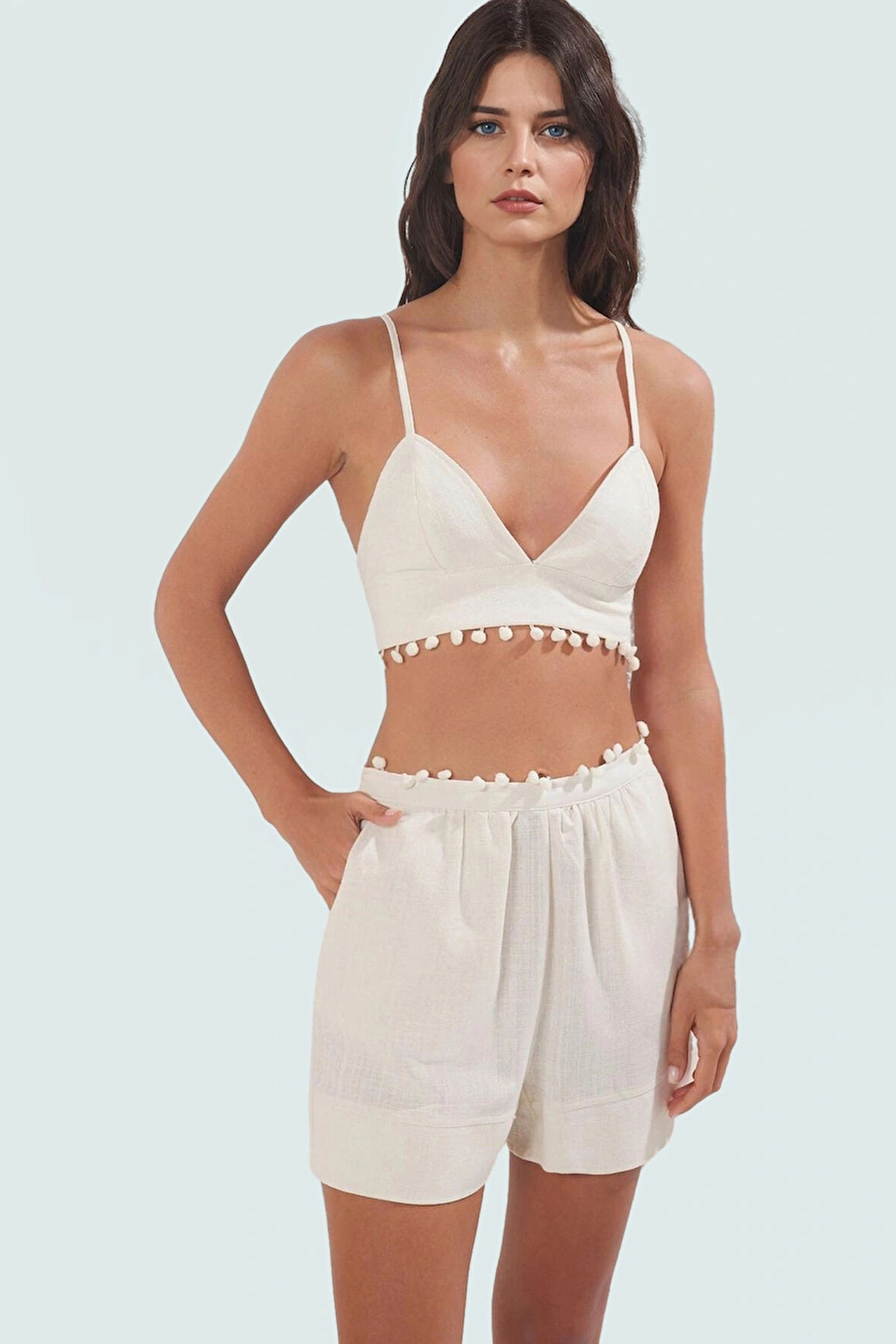 Plaj Büstiyer Şort Takımı Pamuklu Kolsuz Keten Görünümlü Seçkin Malzeme Yüksek Kalite