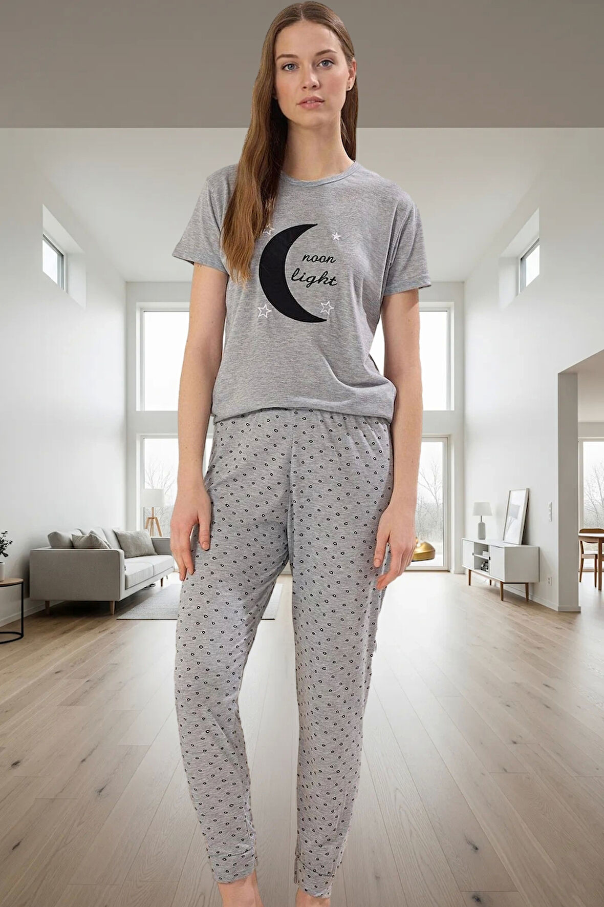 Rahat Ev Giyim Pijama Takımı; Galaksi Baskı Pamuklu 2'li Takım Trend Tasarım Mükemmel Uyum